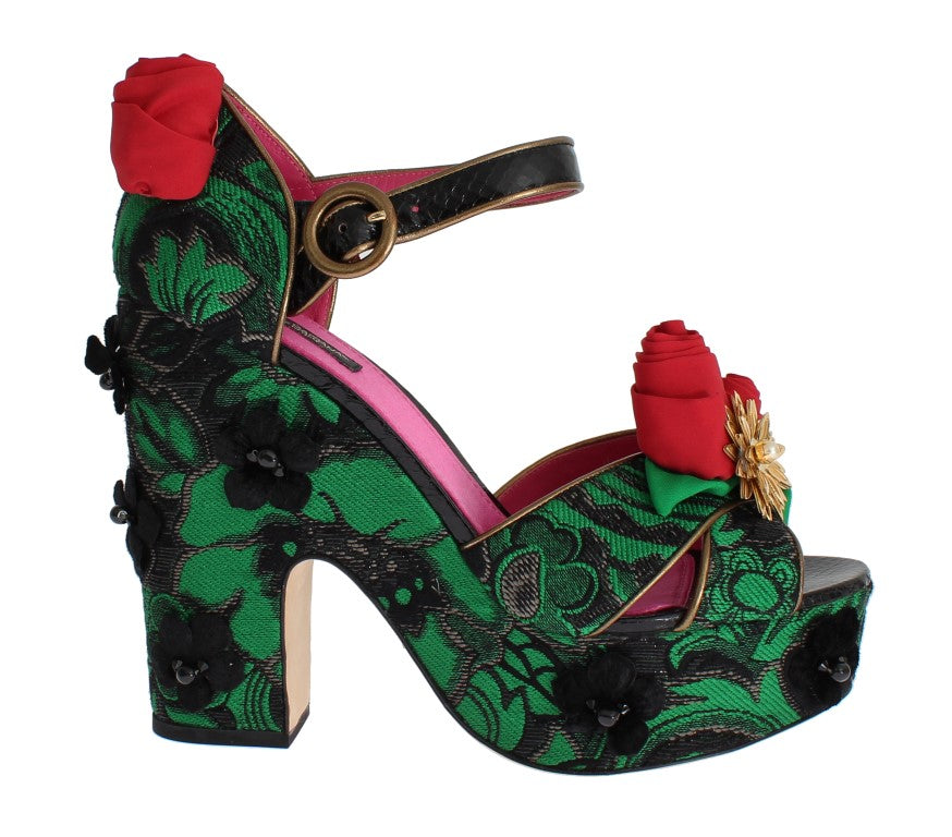 Dolce & Gabbana Green Brocade Snakeskin Roses Crystal Shoes | Regal Royce