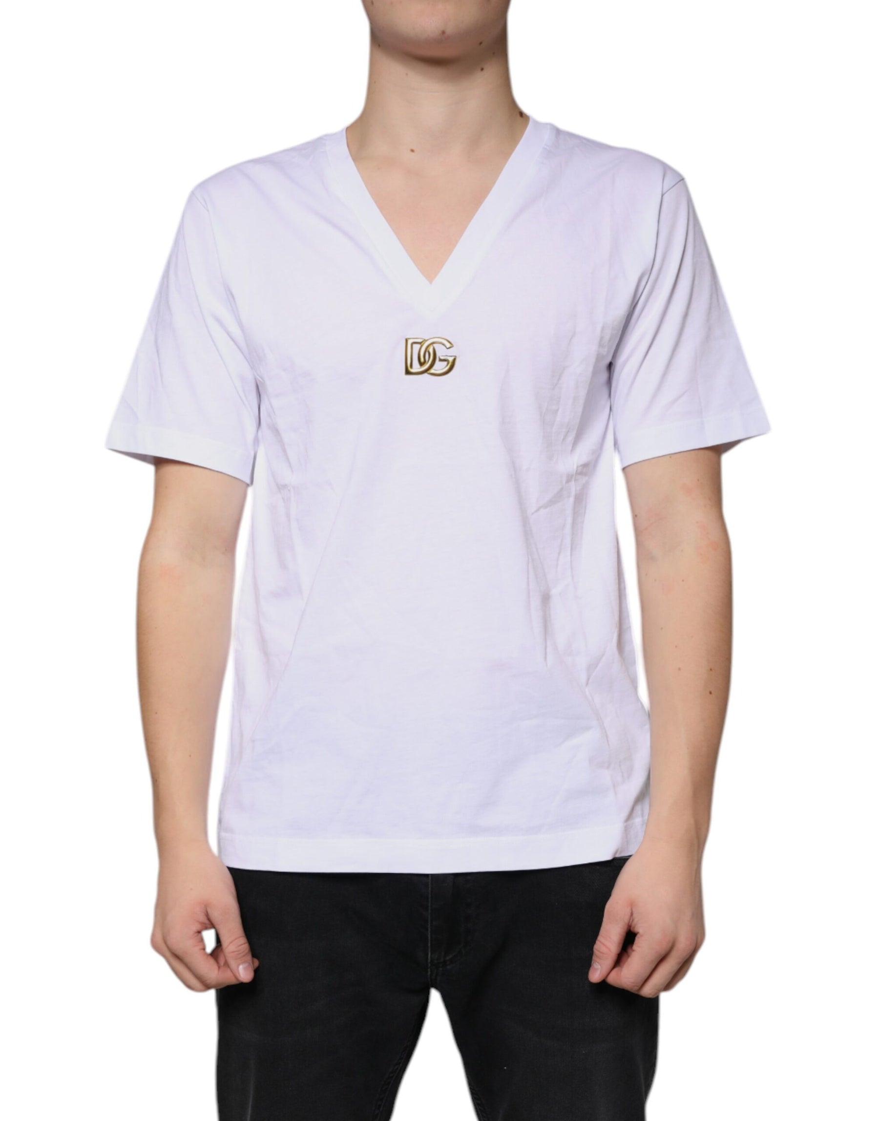 Dolce & Gabbana White Logo Cotton Vneck Short Sleeve T-shirt | Regal Royce