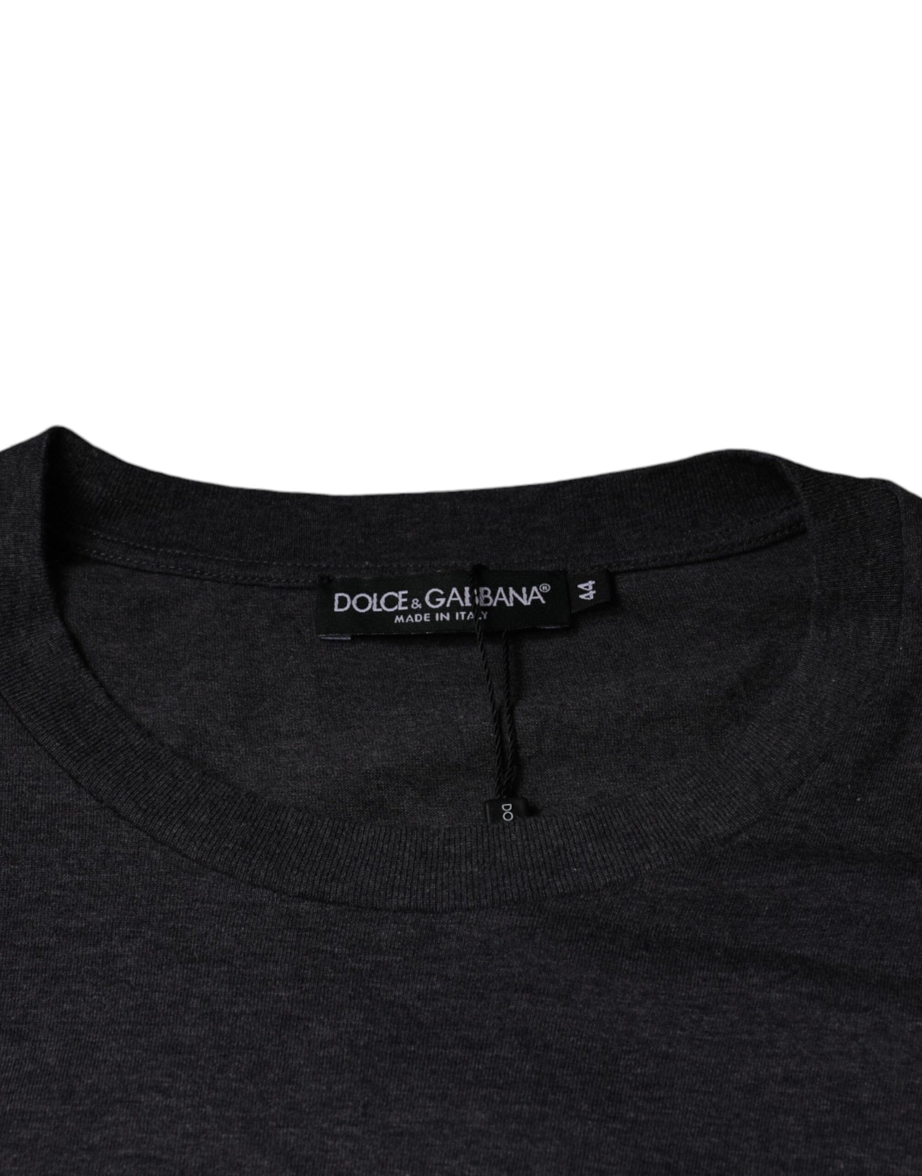 Dolce & Gabbana Gray Logo Patch Cotton Crew Neck T-shirt | Regal Royce