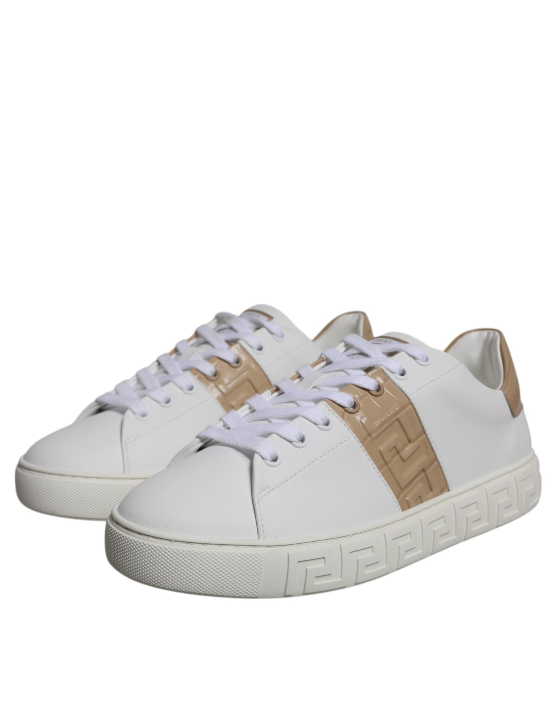 Versace White Brown Greca Print TPU Low Top Men Sneakers Shoes | Regal Royce