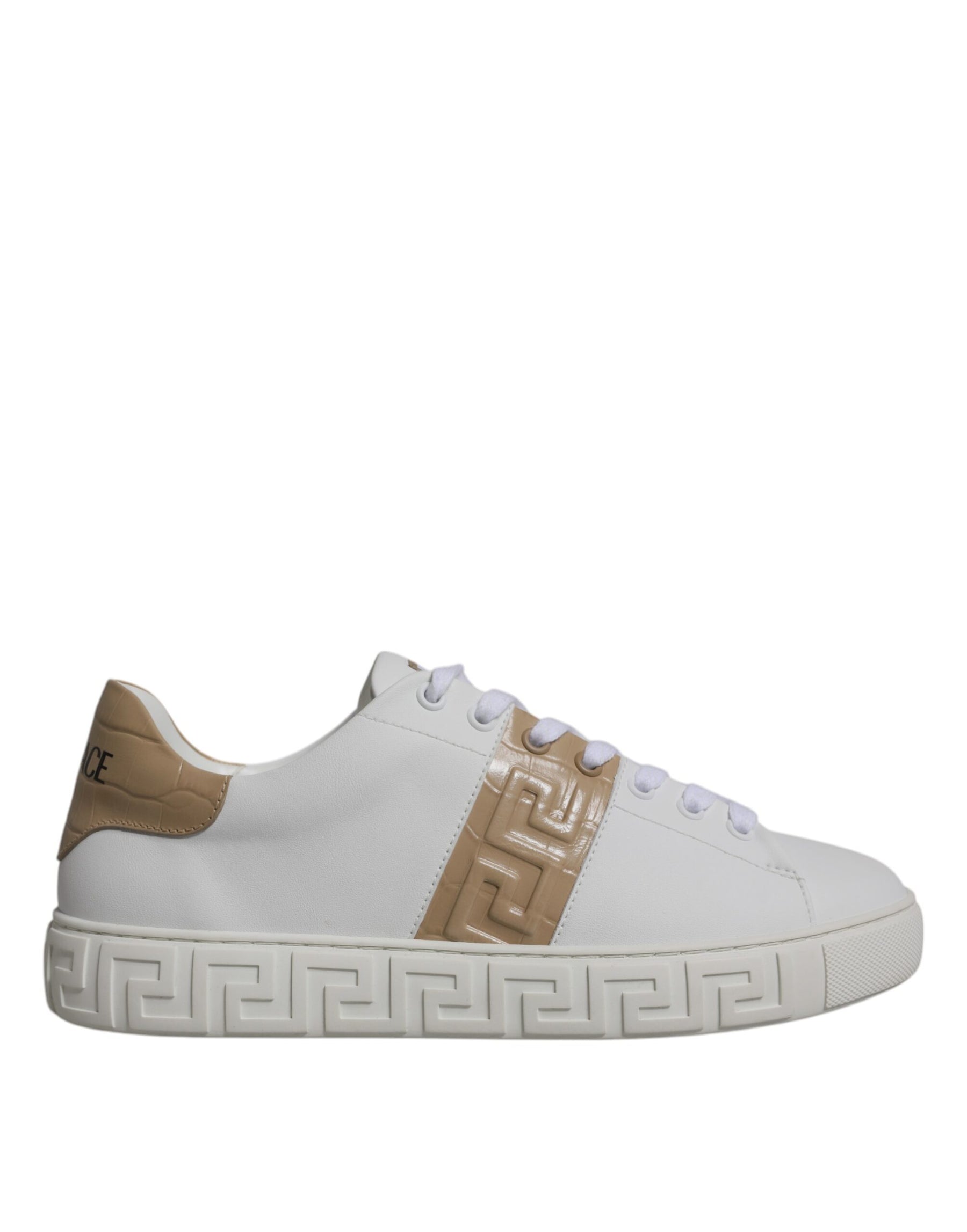 Versace White Brown Greca Print TPU Low Top Men Sneakers Shoes | Regal Royce