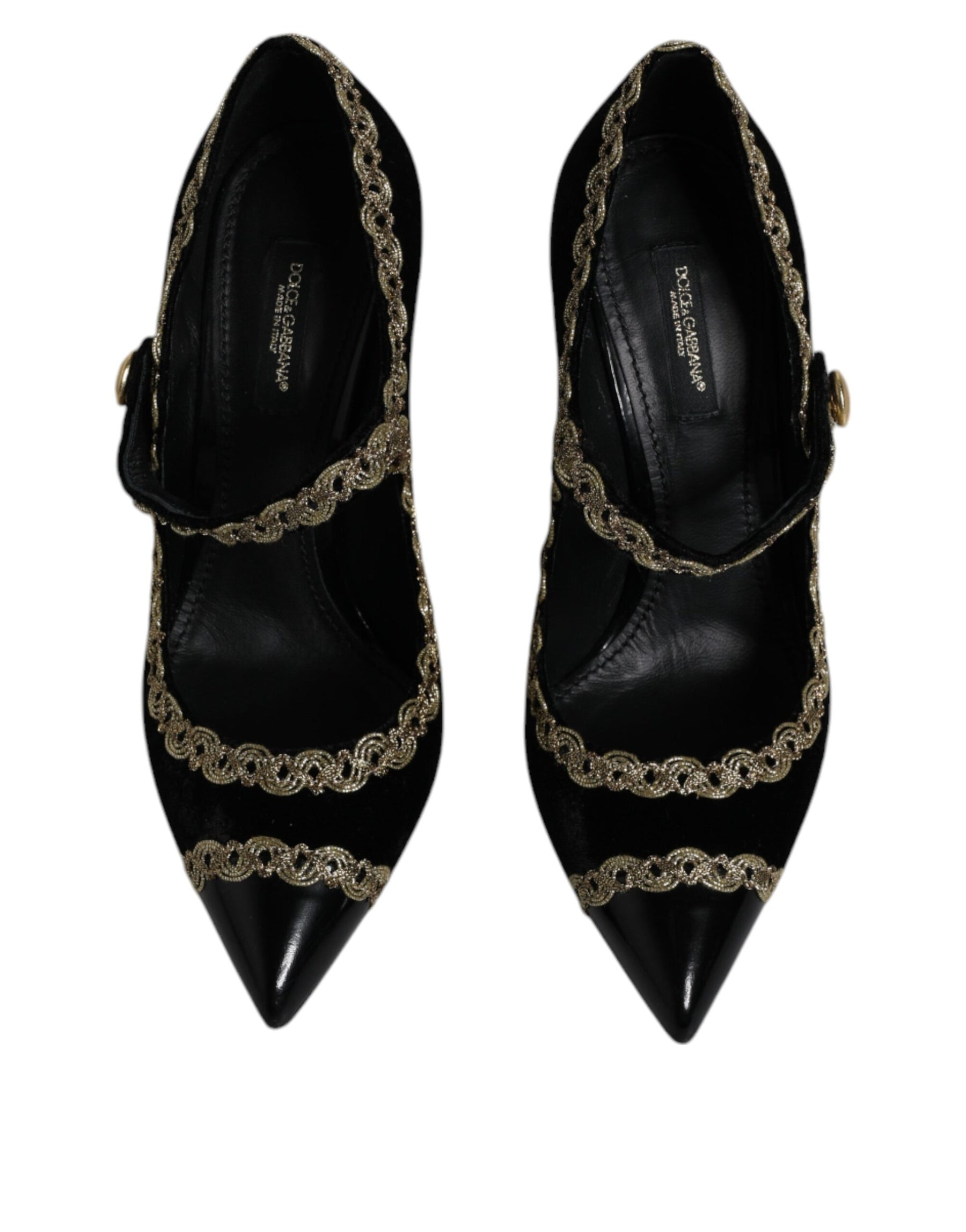 Dolce & Gabbana Black Velvet Gold Mary Janes Pumps Shoes | Regal Royce