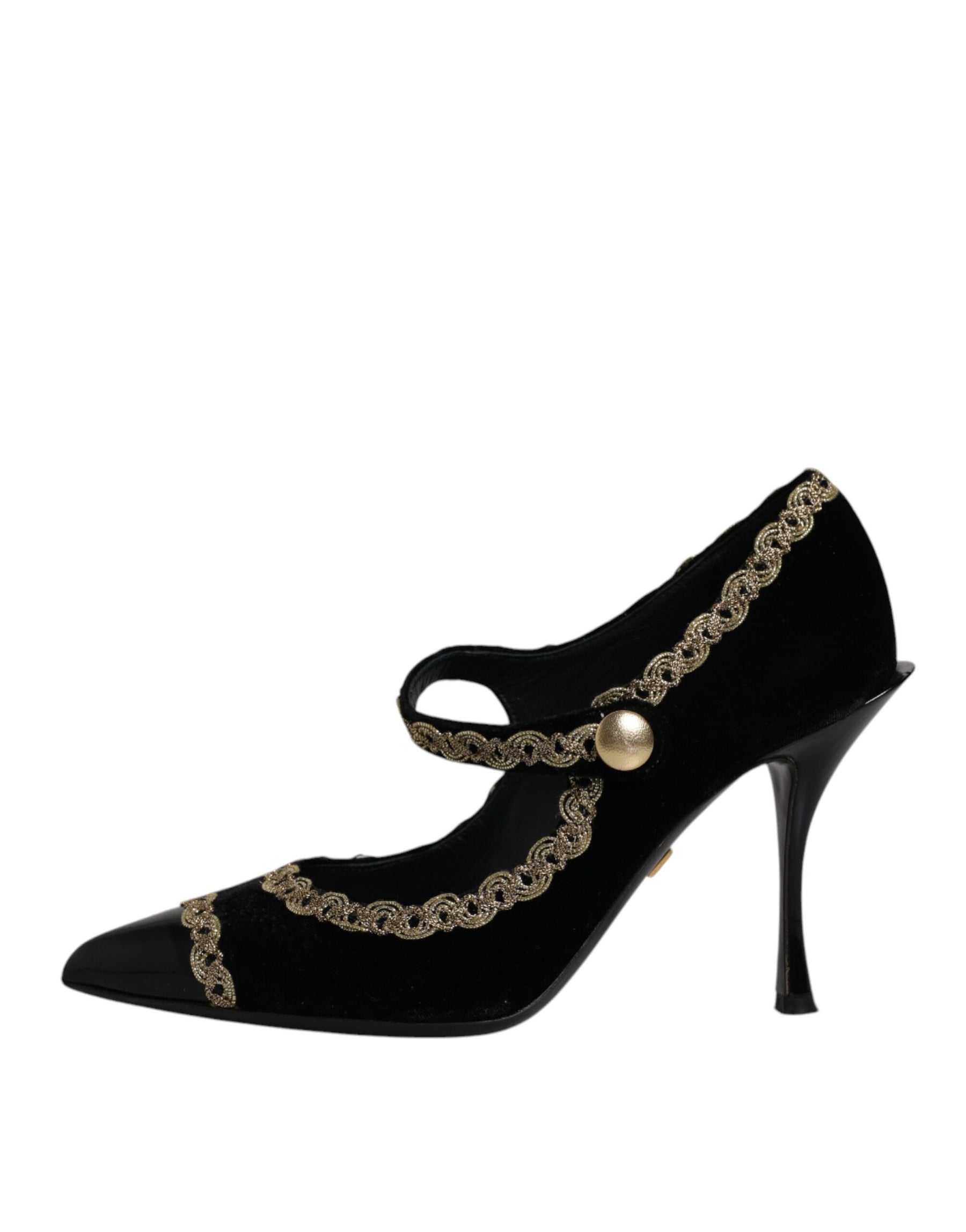 Dolce & Gabbana Black Velvet Gold Mary Janes Pumps Shoes | Regal Royce
