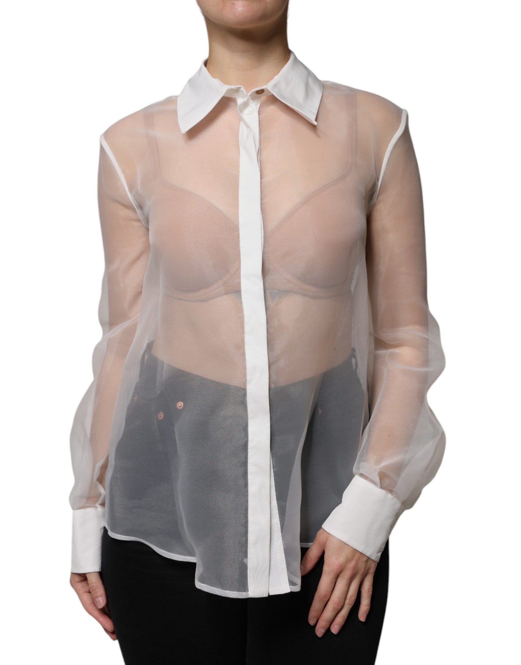 Elisabetta Franchi White Sheer Collared Buttoned Long Sleeves Top | Regal Royce