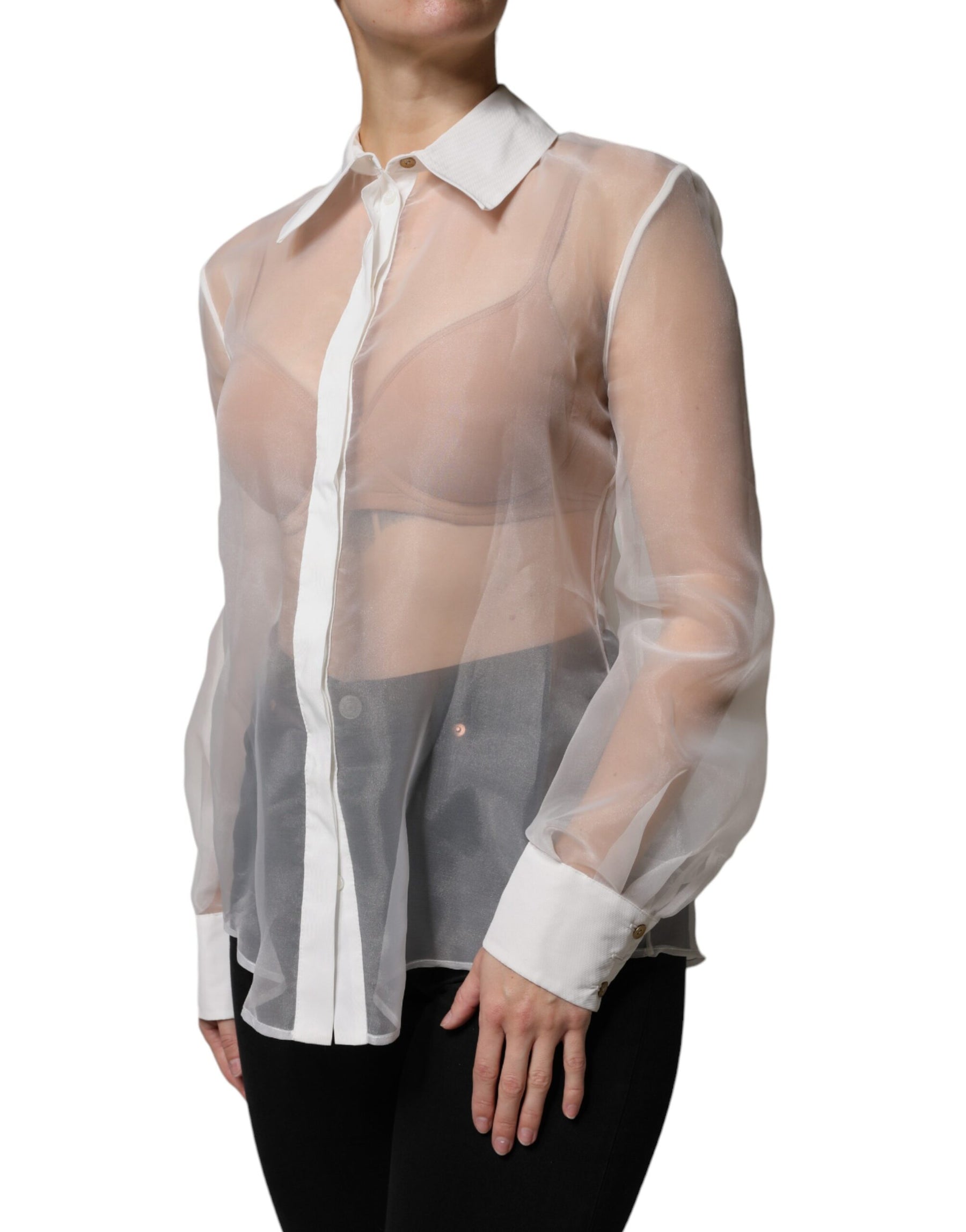Elisabetta Franchi White Sheer Collared Buttoned Long Sleeves Top | Regal Royce