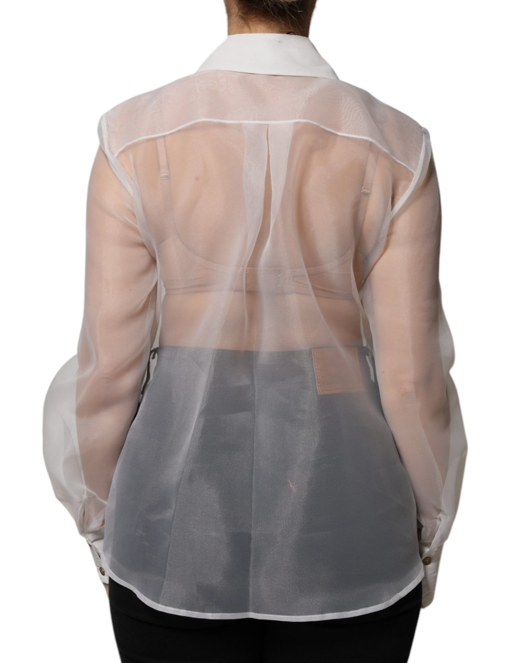 Elisabetta Franchi White Sheer Collared Buttoned Long Sleeves Top | Regal Royce