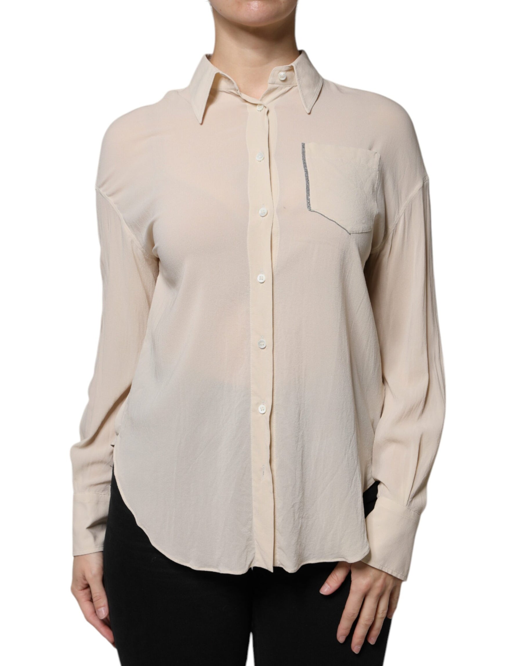 Brunello Cucinelli Beige Silk Blend Collared Button Down Top | Regal Royce