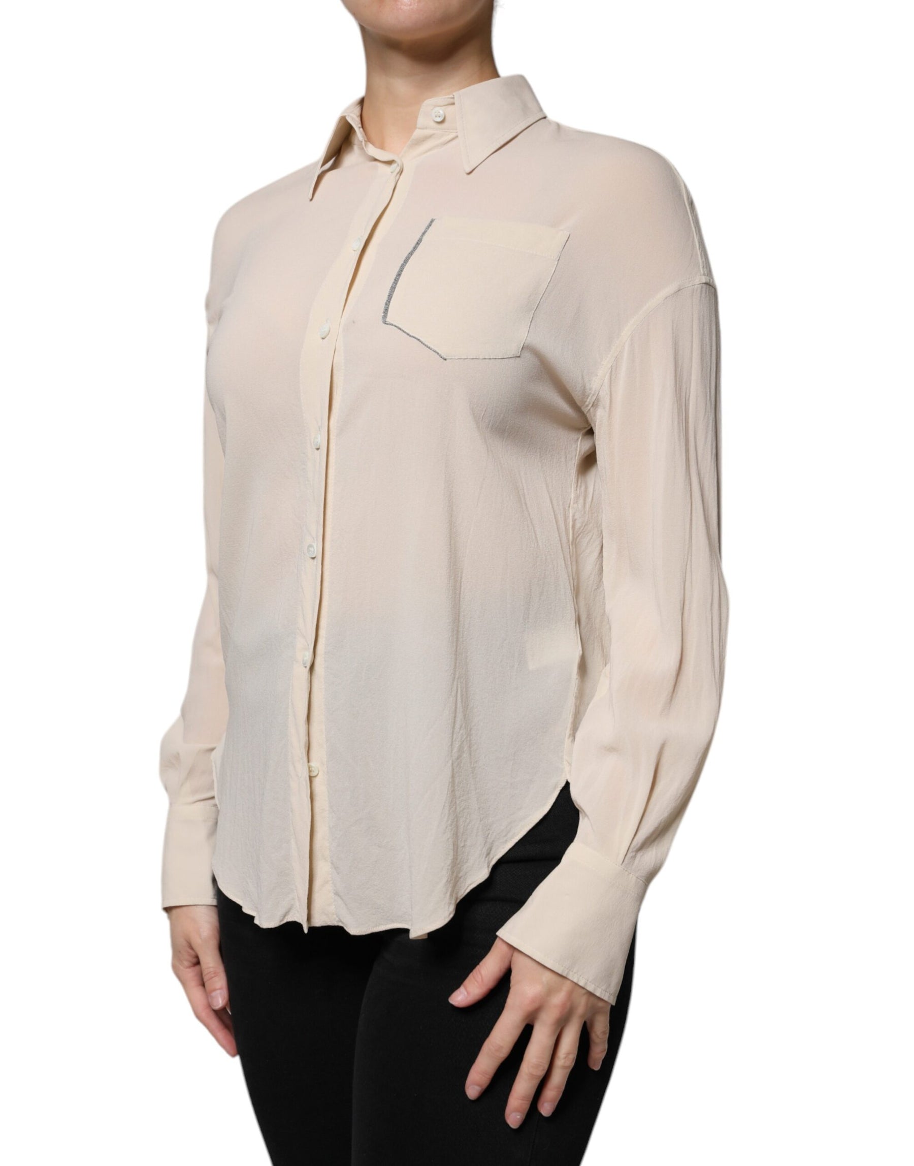 Brunello Cucinelli Beige Silk Blend Collared Button Down Top | Regal Royce