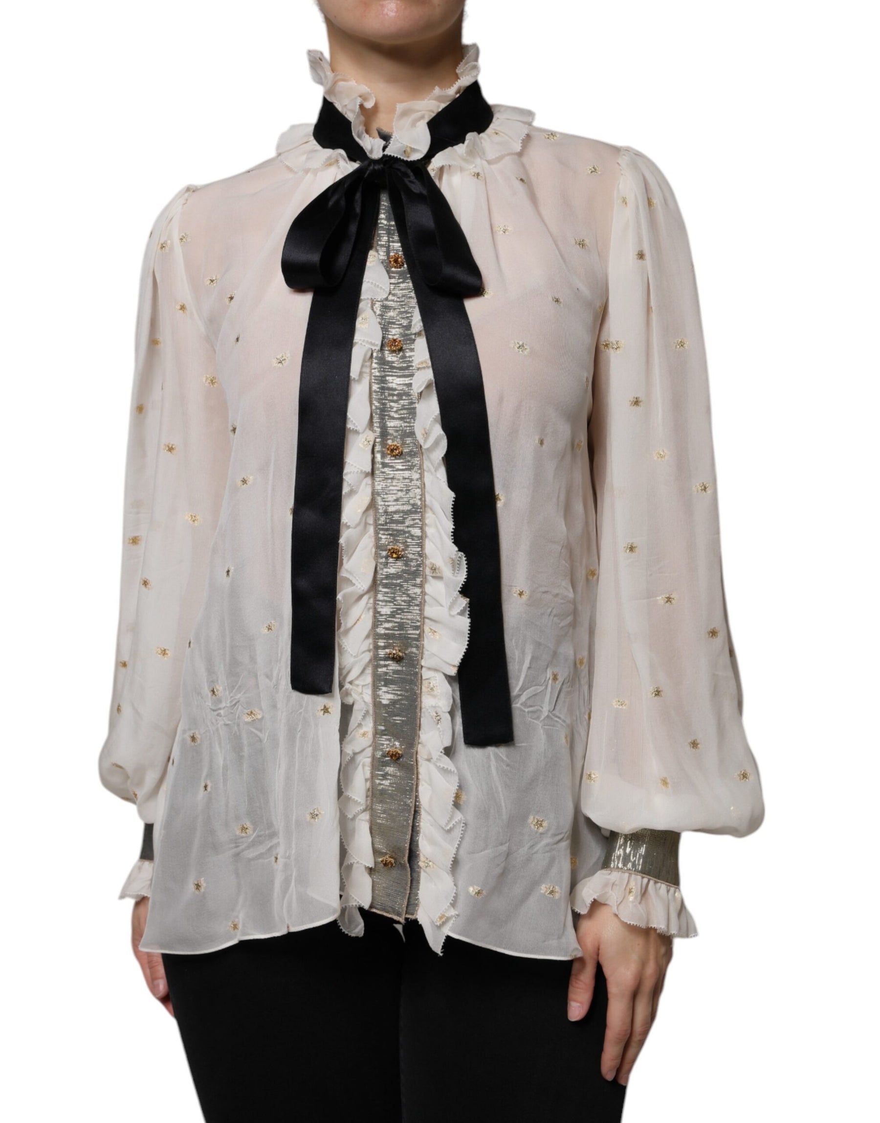Dolce & Gabbana Off White Silk Blend Ascot Collar Blouse Top | Regal Royce
