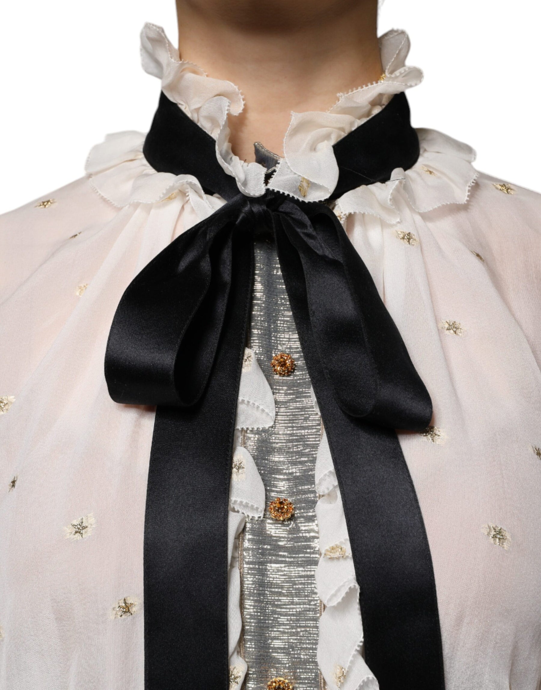 Dolce & Gabbana Off White Silk Blend Ascot Collar Blouse Top | Regal Royce