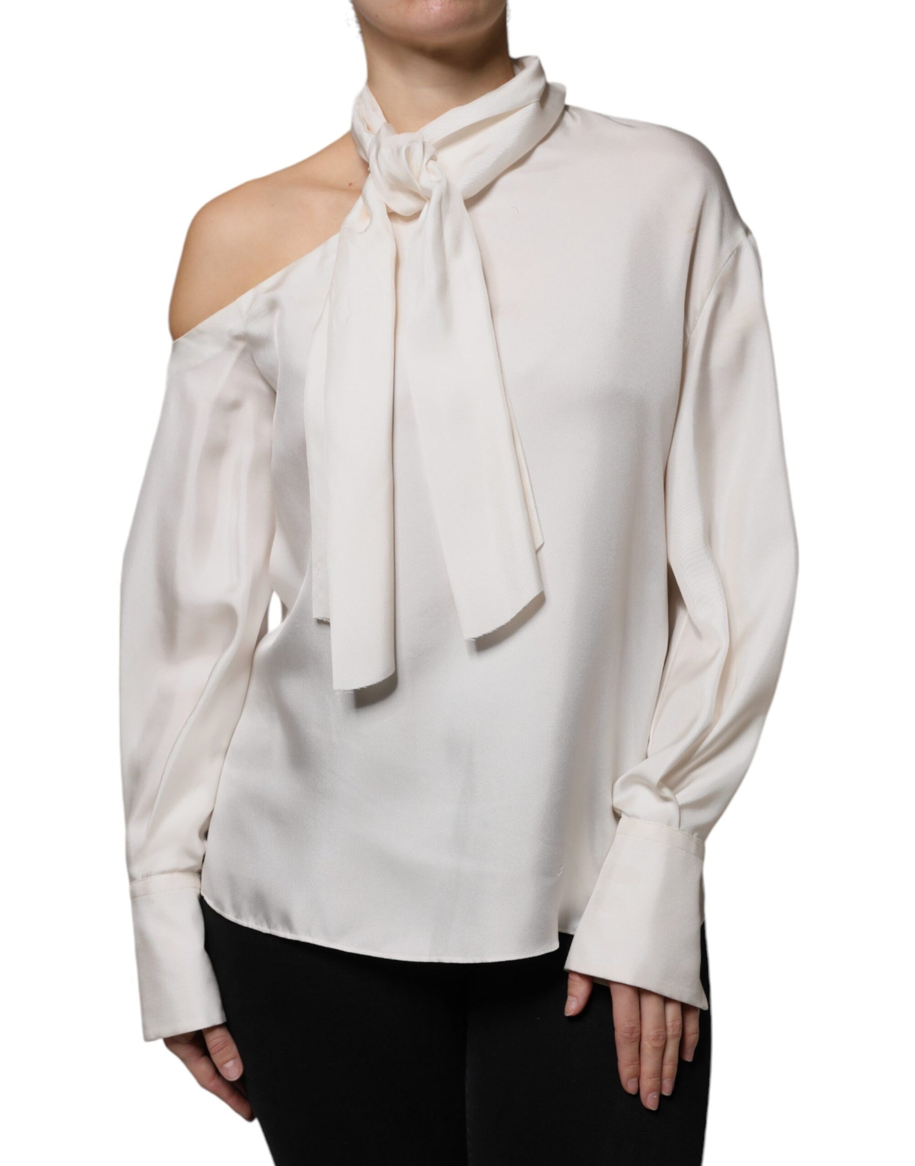 Brunello Cucinelli Beige Silk Ascot Collared Long Sleeves Top | Regal Royce