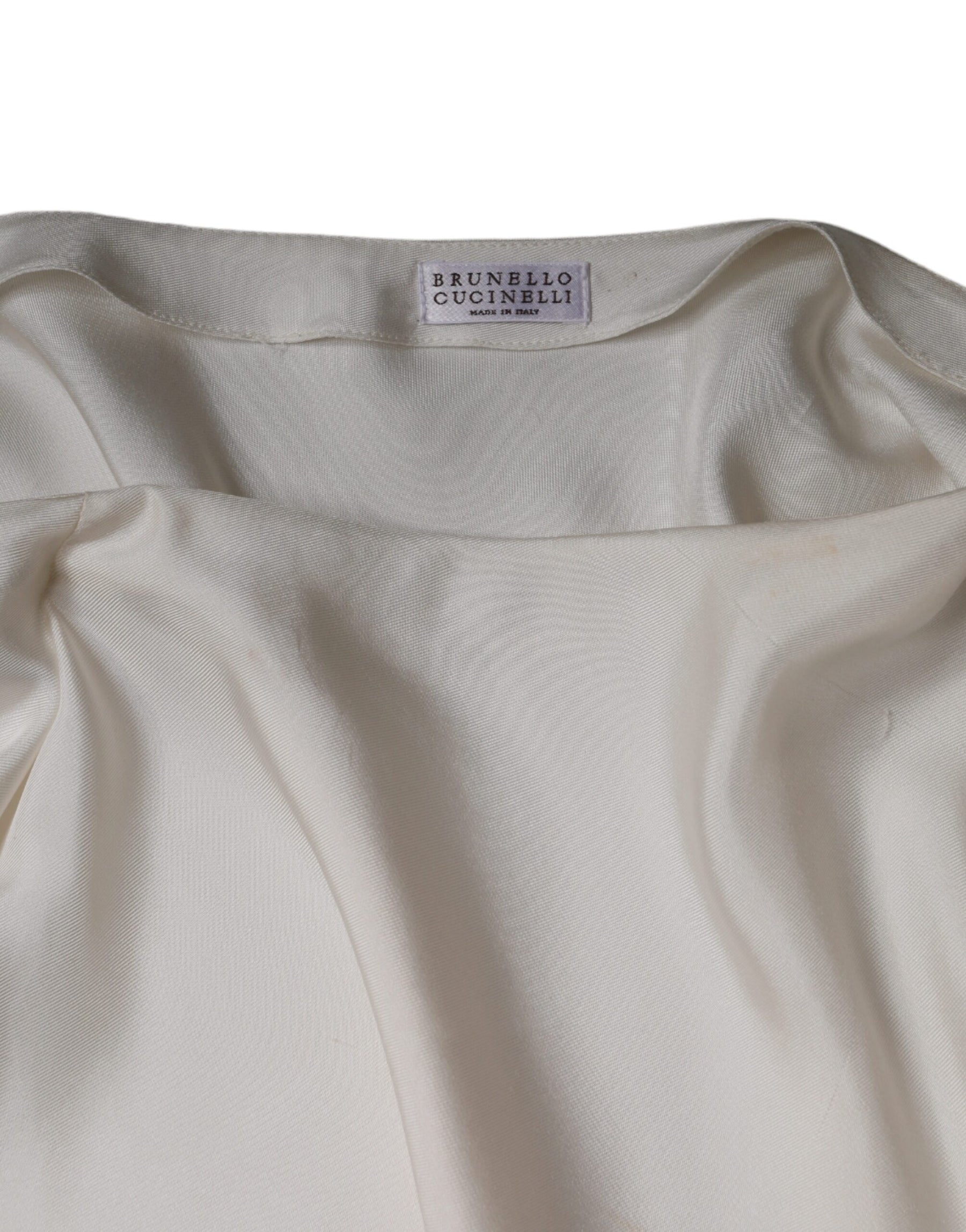 Brunello Cucinelli Beige Silk Ascot Collared Long Sleeves Top | Regal Royce