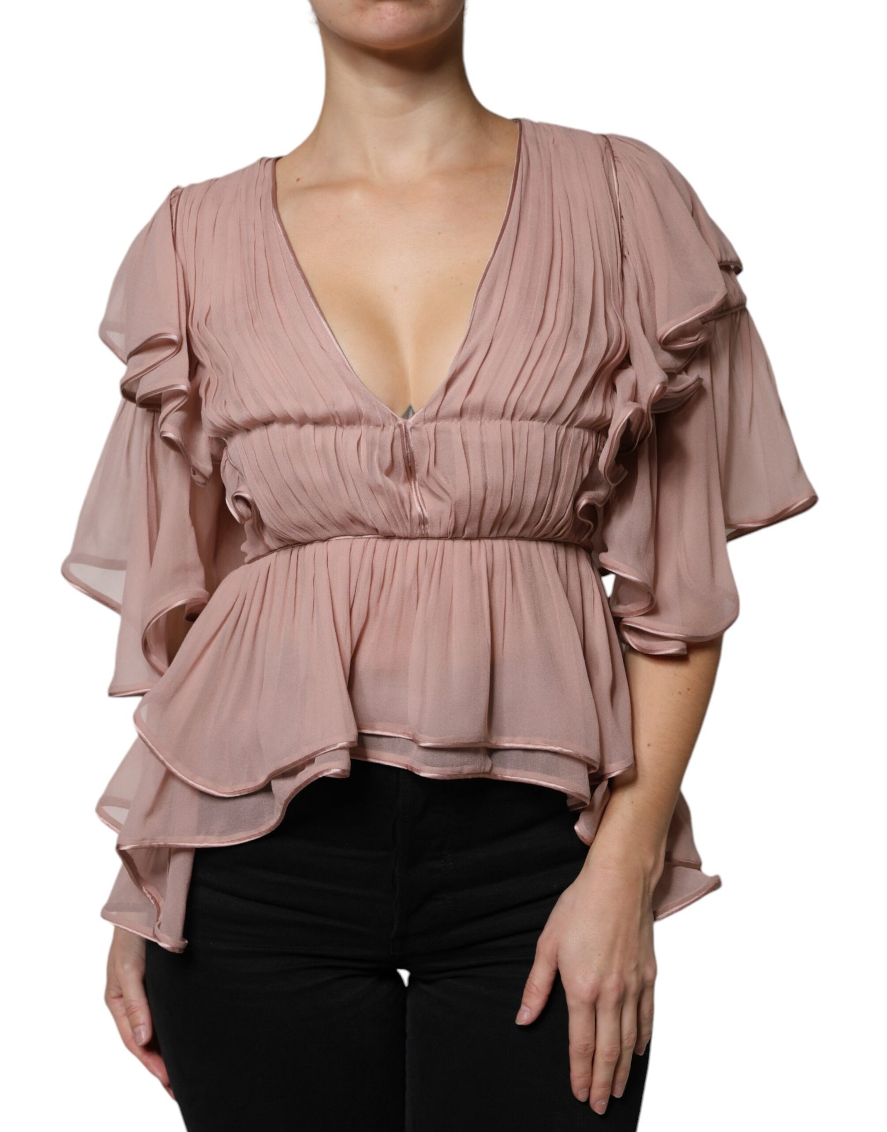 Alberta Ferretti Brown Silk Short Sleeves V-neck Pleated Top | Regal Royce