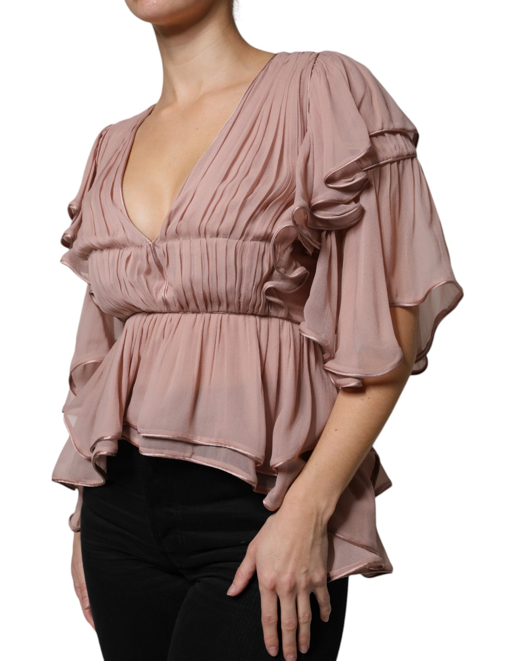Alberta Ferretti Brown Silk Short Sleeves V-neck Pleated Top | Regal Royce