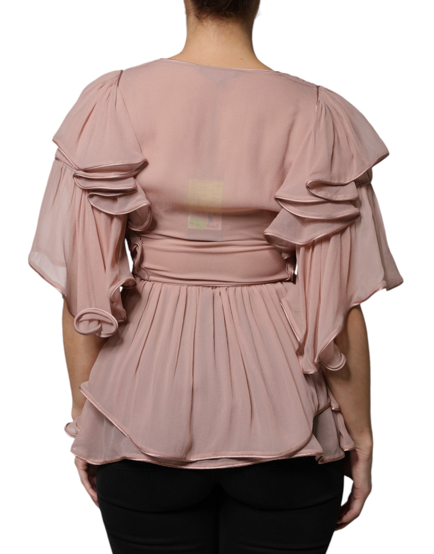 Alberta Ferretti Brown Silk Short Sleeves V-neck Pleated Top | Regal Royce