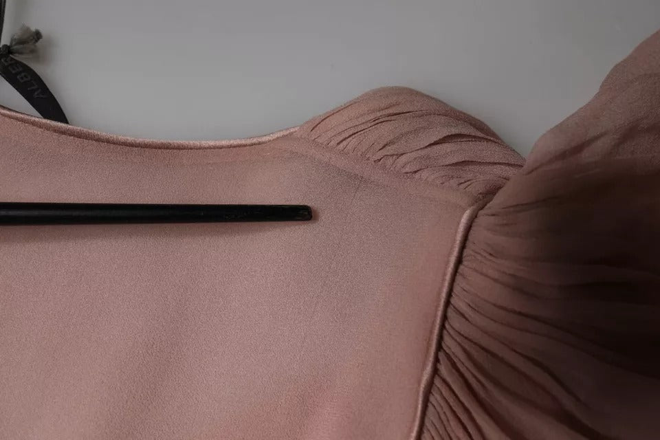 Alberta Ferretti Brown Silk Short Sleeves V-neck Pleated Top | Regal Royce