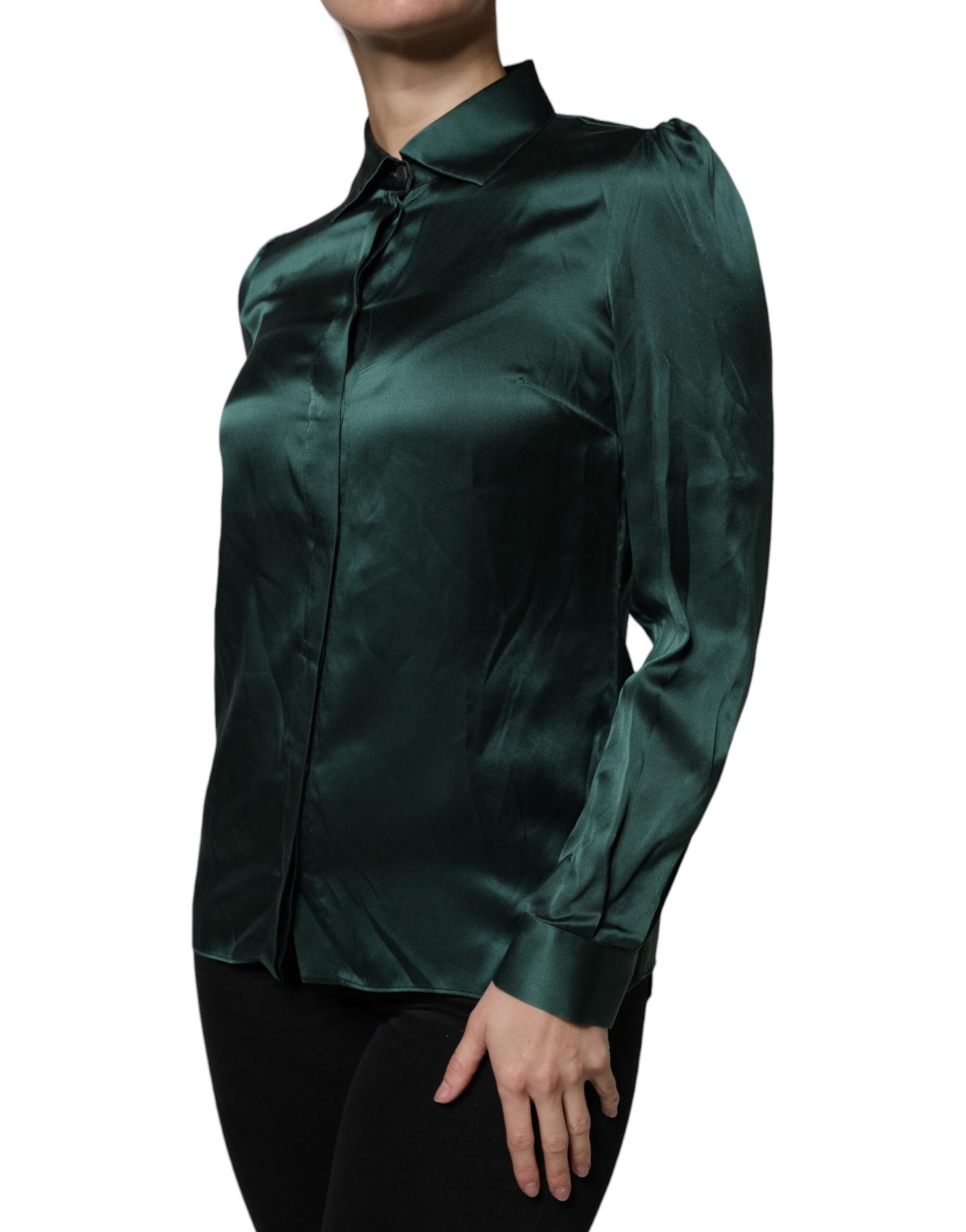 Dolce & Gabbana Dark Green Silk Button Down Long Sleeves Blouse Top | Regal Royce