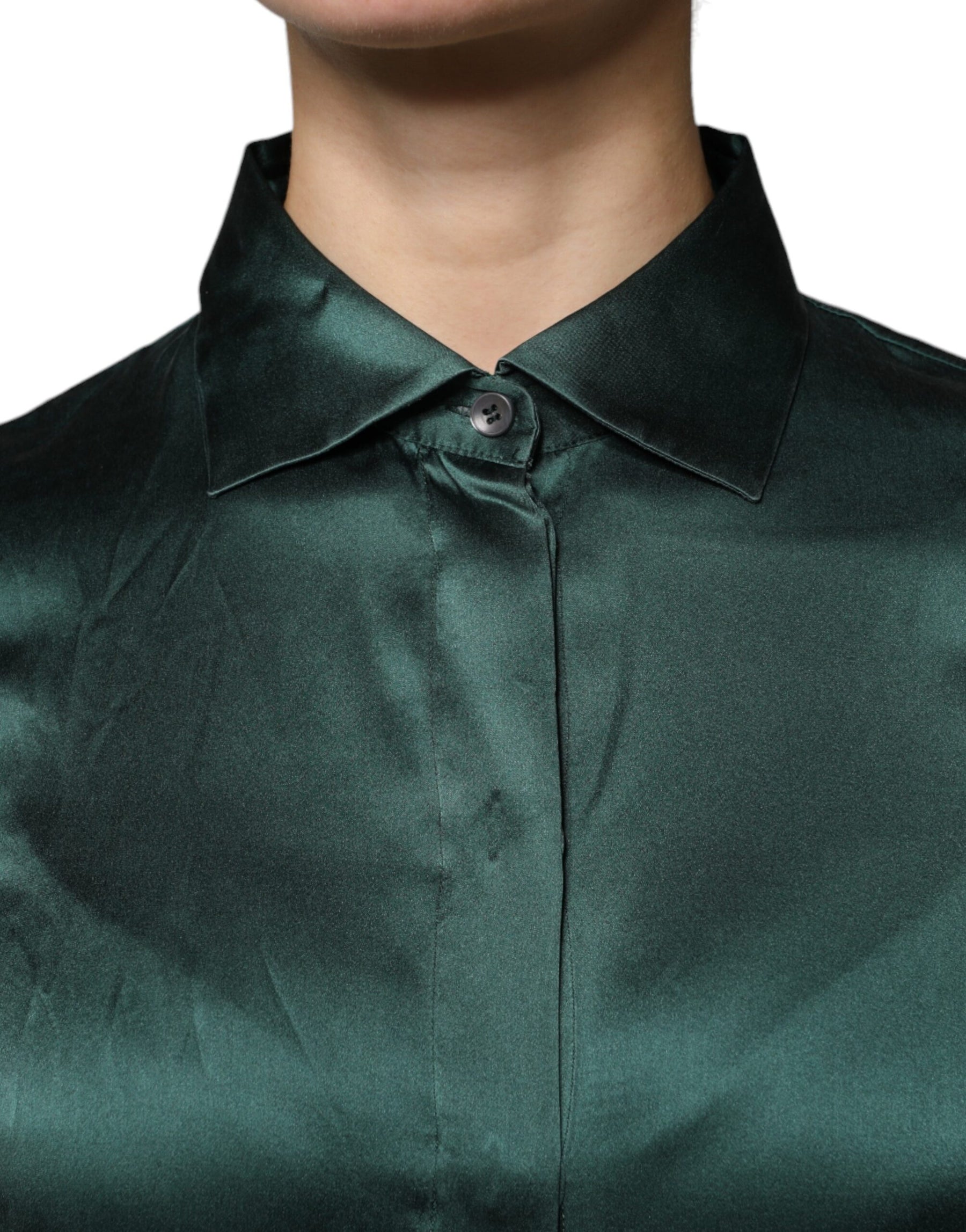 Dolce & Gabbana Dark Green Silk Button Down Long Sleeves Blouse Top | Regal Royce