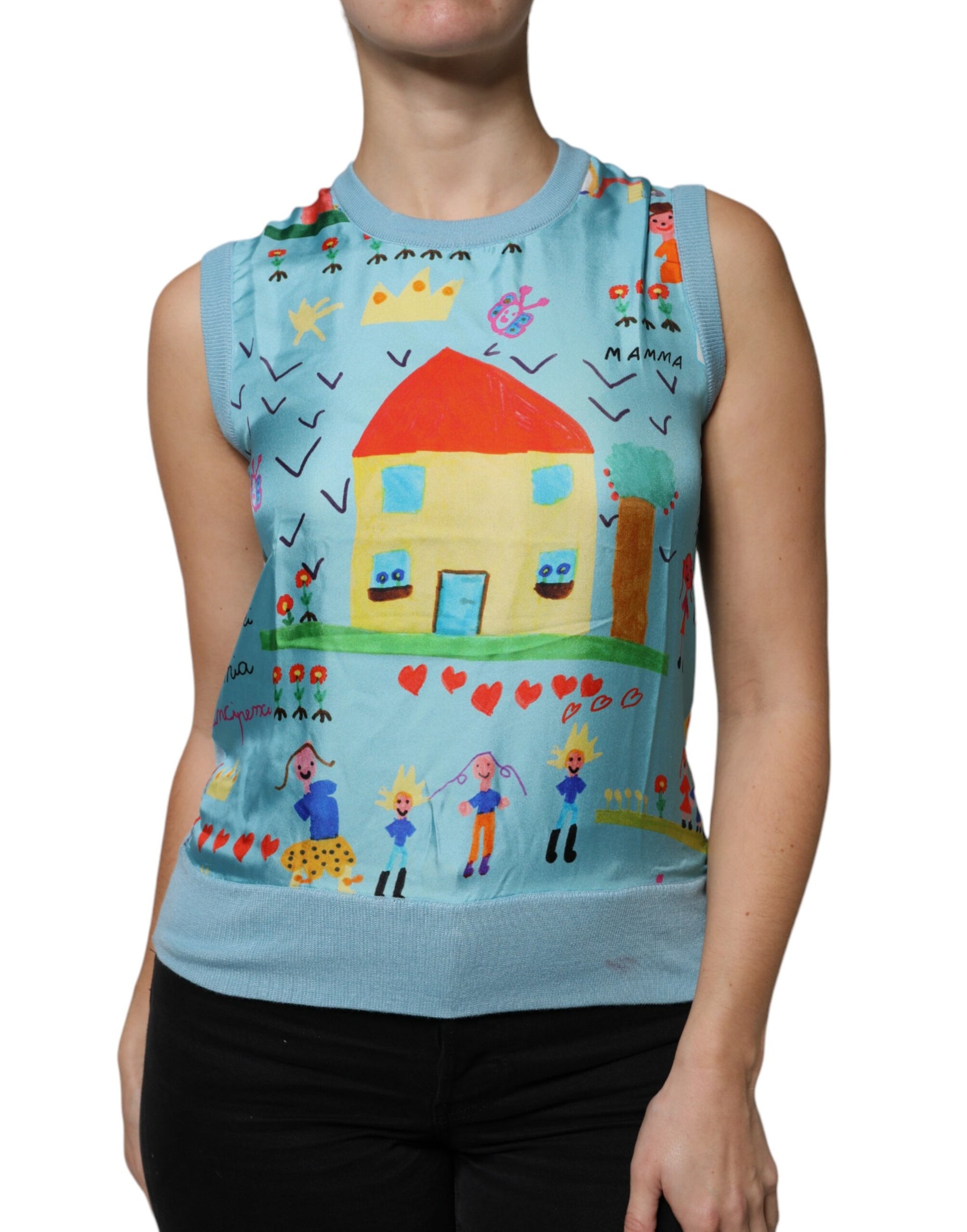 Dolce & Gabbana Blue Drawing Cashmere Sleeveless Tank Top | Regal Royce