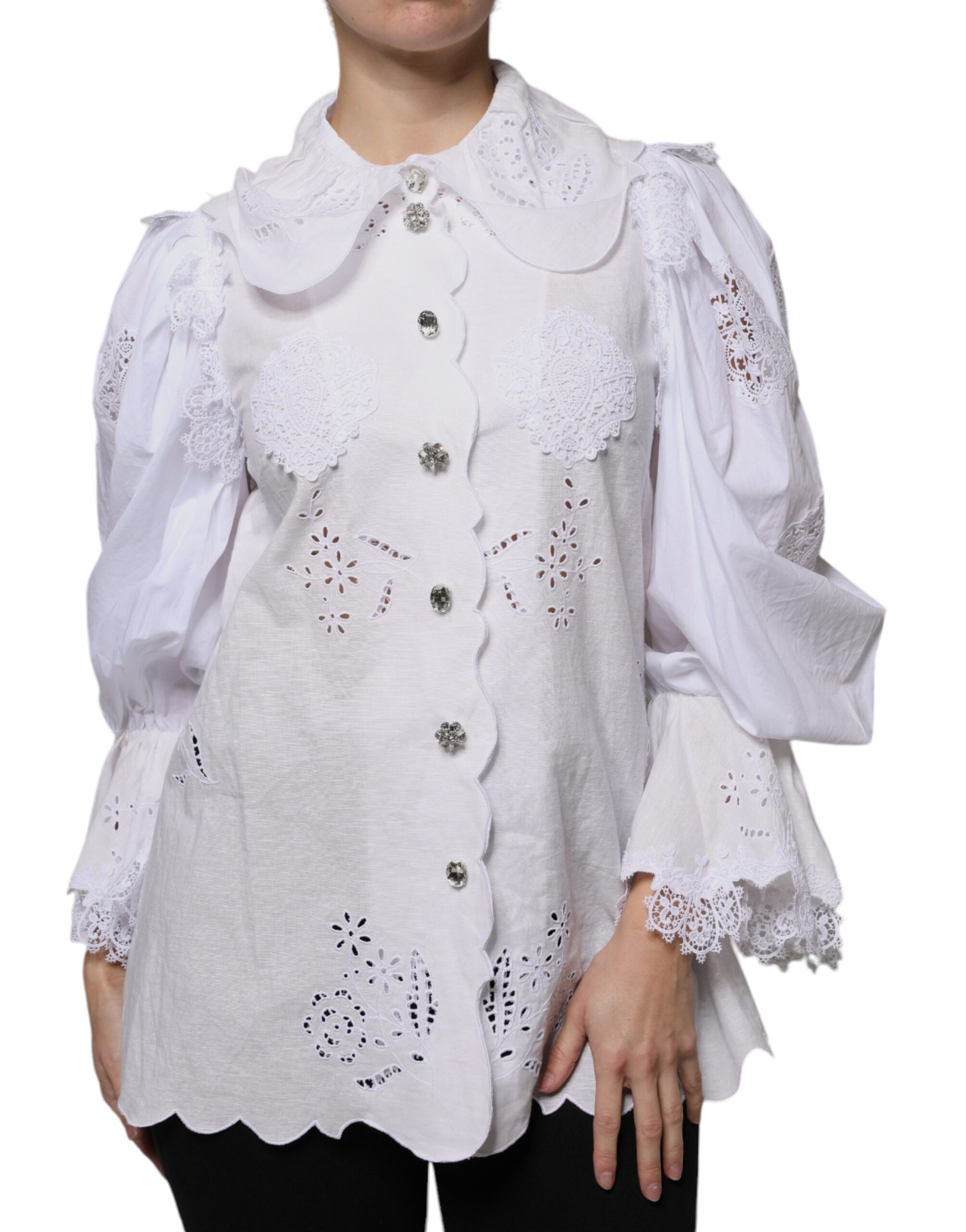 Dolce & Gabbana White Cotton Lace Trim Collared Blouse Top | Regal Royce