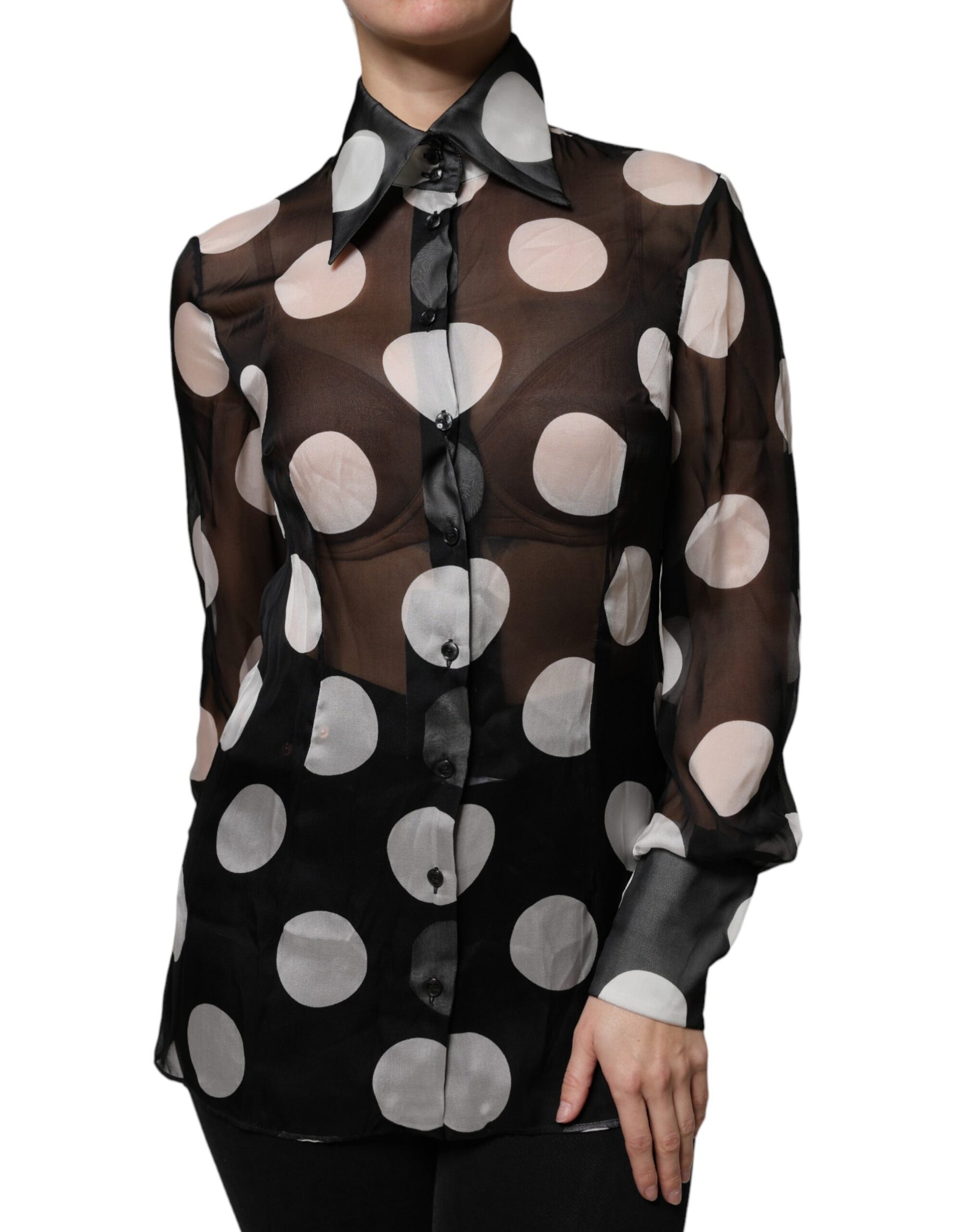 Dolce & Gabbana Black White Polka Dots Silk Long Sleeves Top | Regal Royce