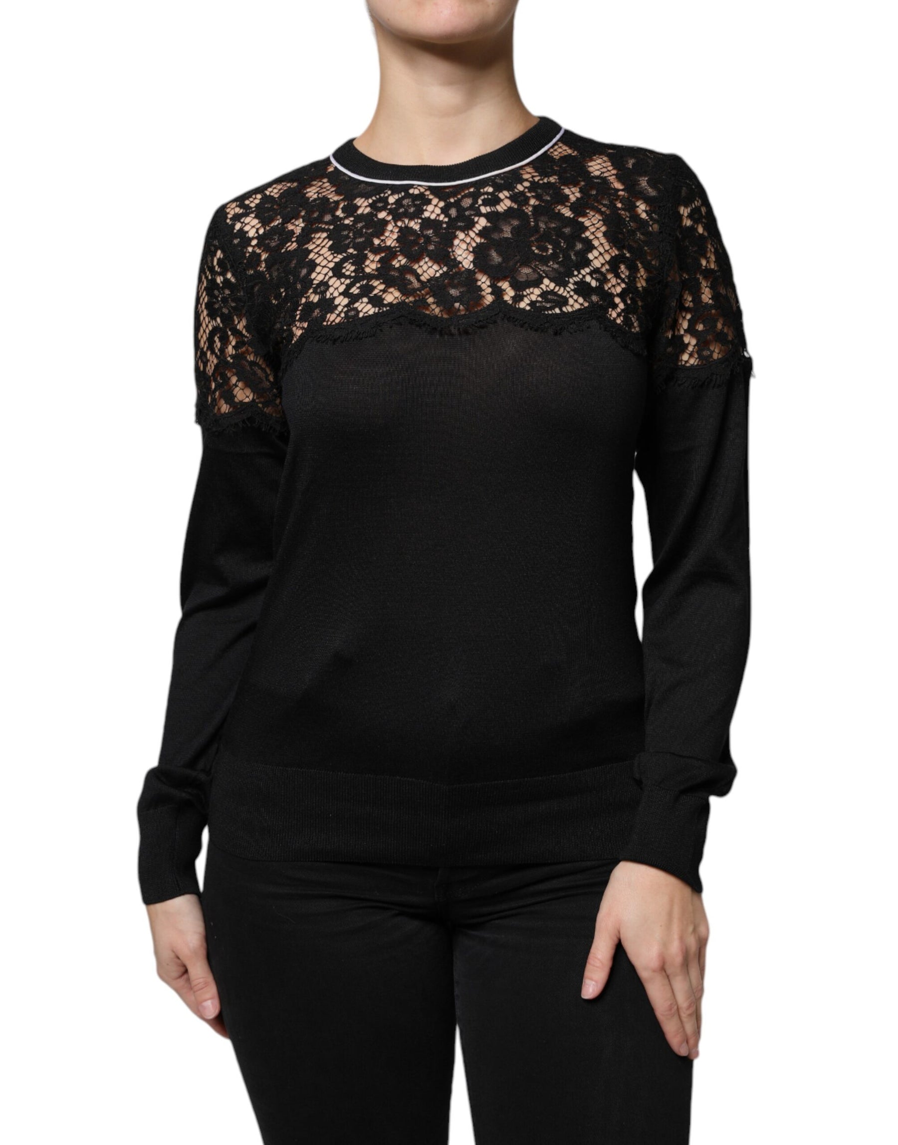 Dolce & Gabbana Black Floral Lace Silk Pullover Blouse Top | Regal Royce