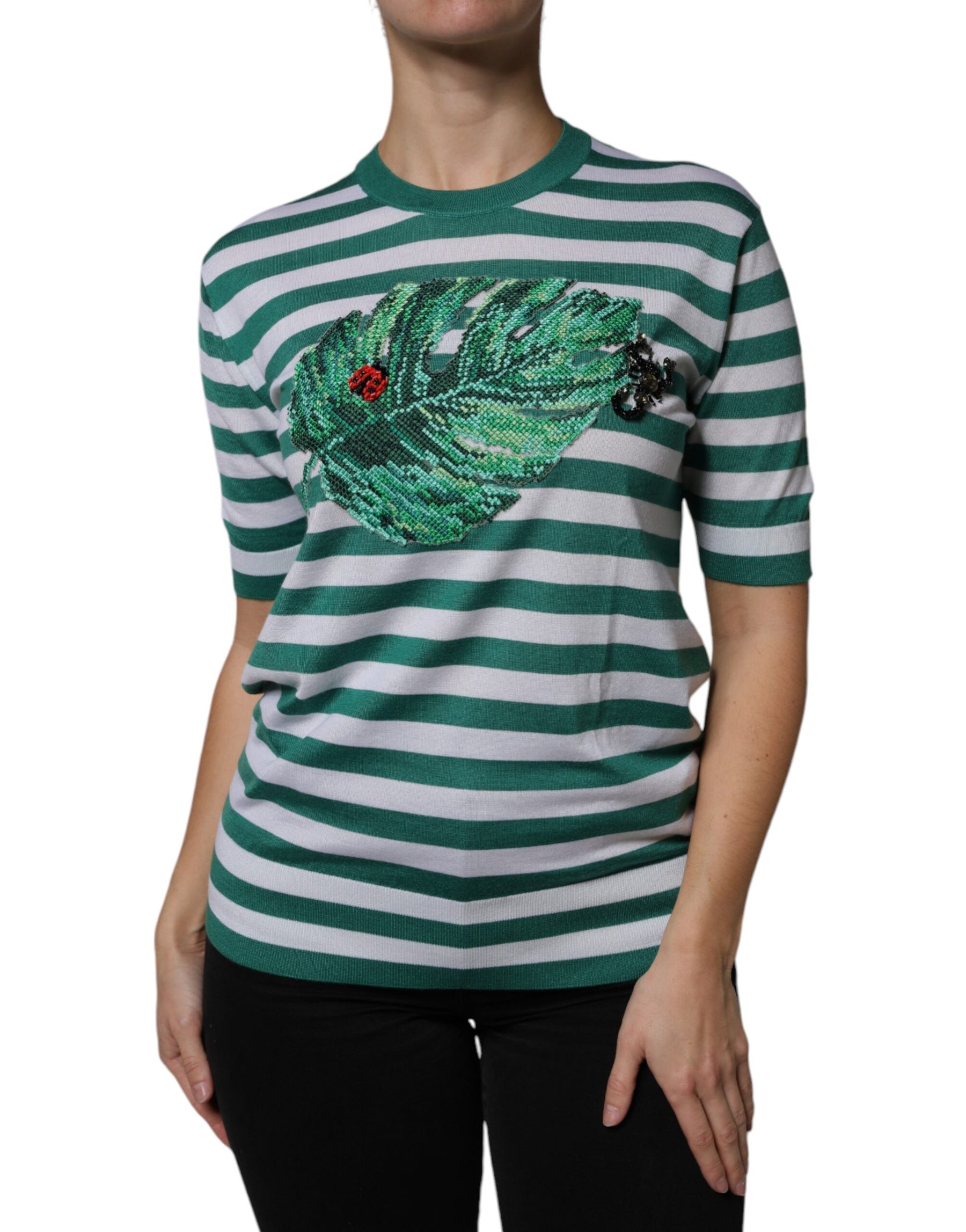 Dolce & Gabbana White Green Stripe Leaf Crew Neck T-shirt | Regal Royce