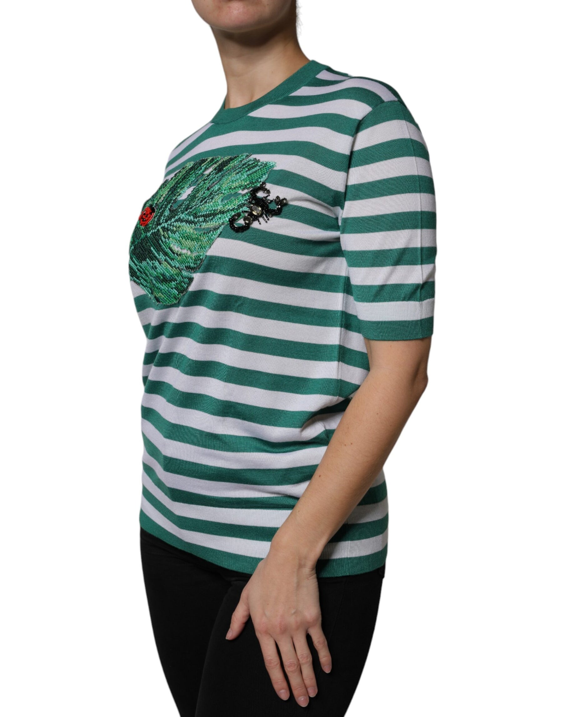 Dolce & Gabbana White Green Stripe Leaf Crew Neck T-shirt | Regal Royce