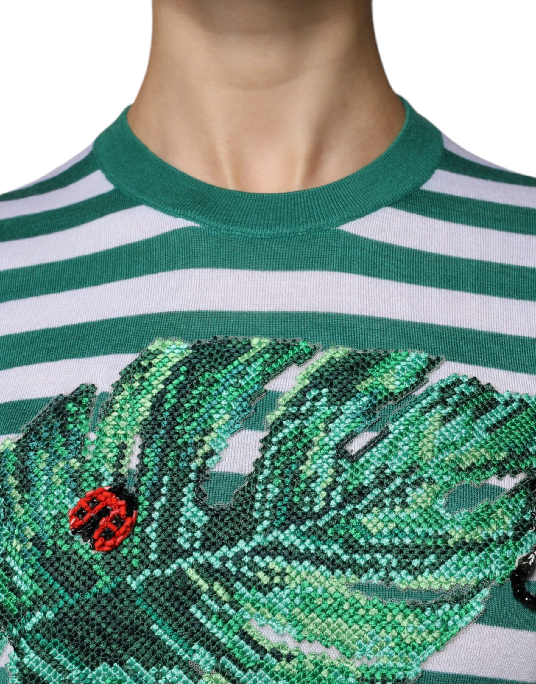 Dolce & Gabbana White Green Stripe Leaf Crew Neck T-shirt | Regal Royce