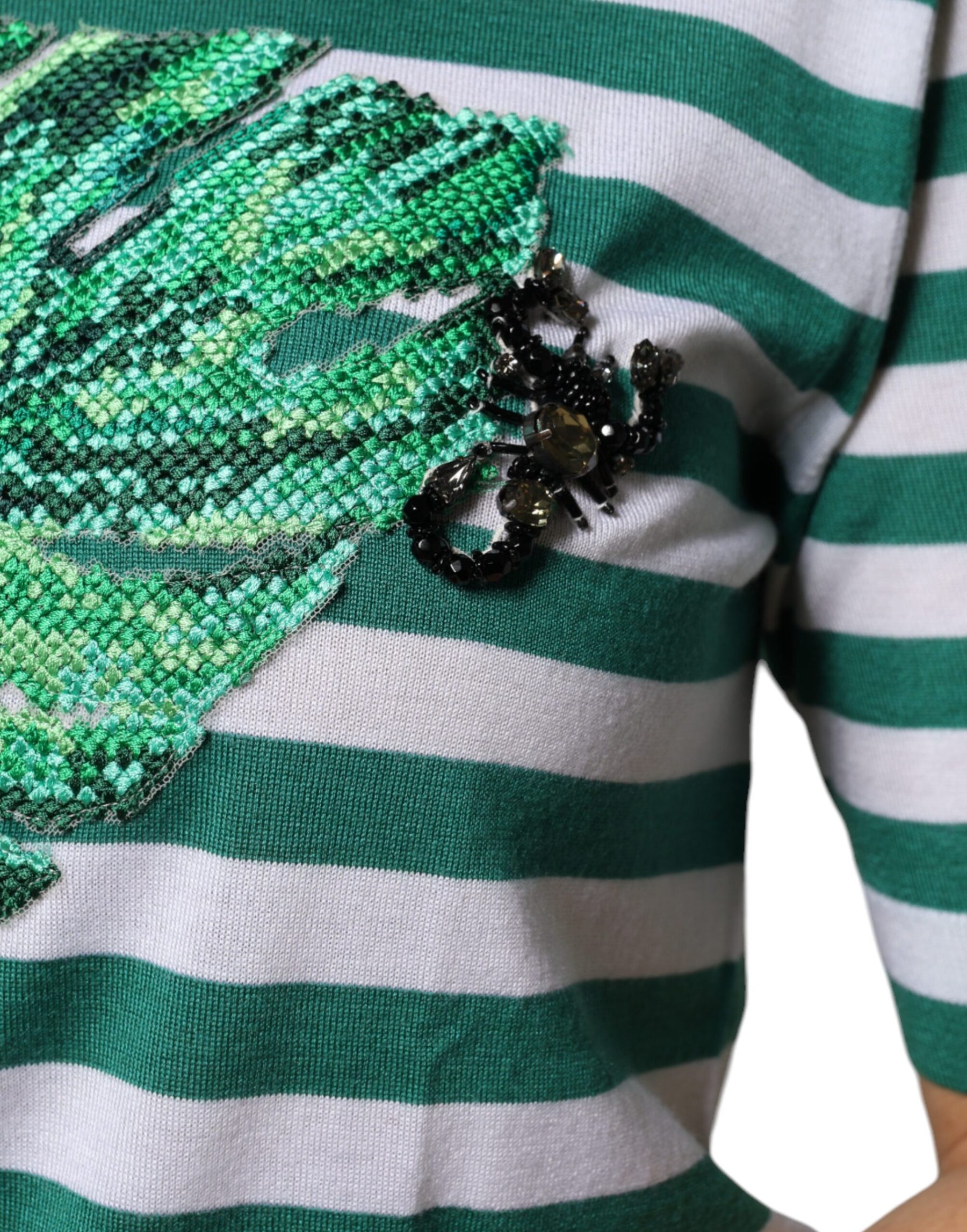 Dolce & Gabbana White Green Stripe Leaf Crew Neck T-shirt | Regal Royce
