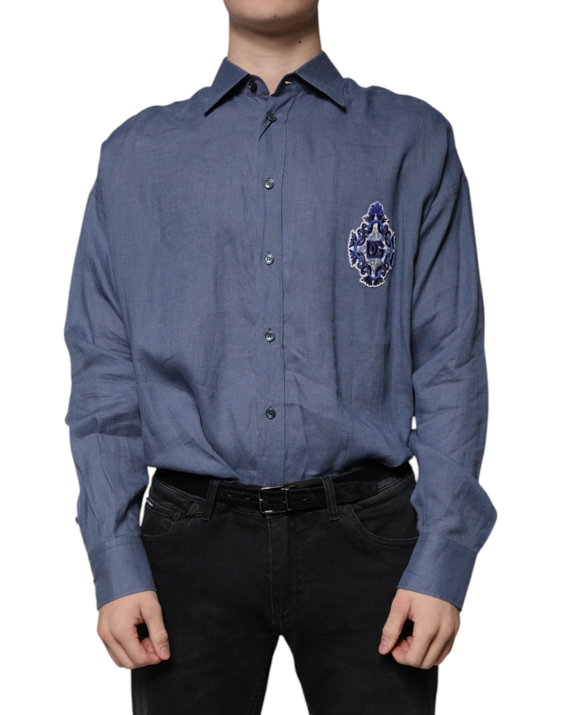Dolce & Gabbana Blue Logo Long Sleeve Button Down Casual Shirt | Regal Royce