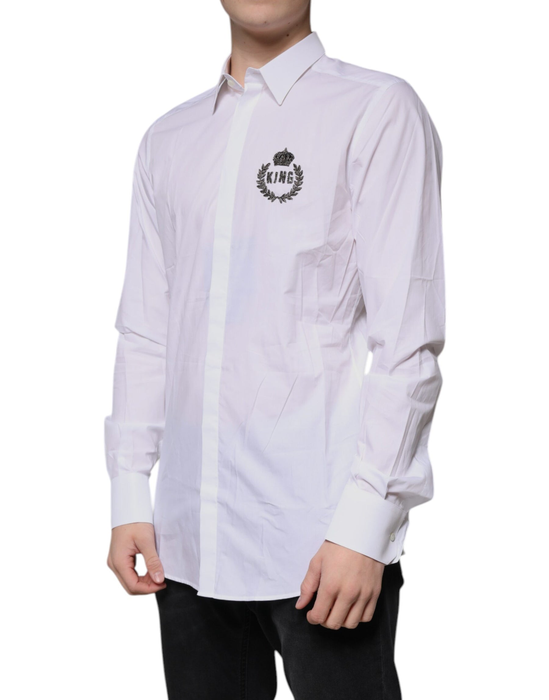 Dolce & Gabbana White Cotton Logo Formal Men GOLD Dress Shirt | Regal Royce