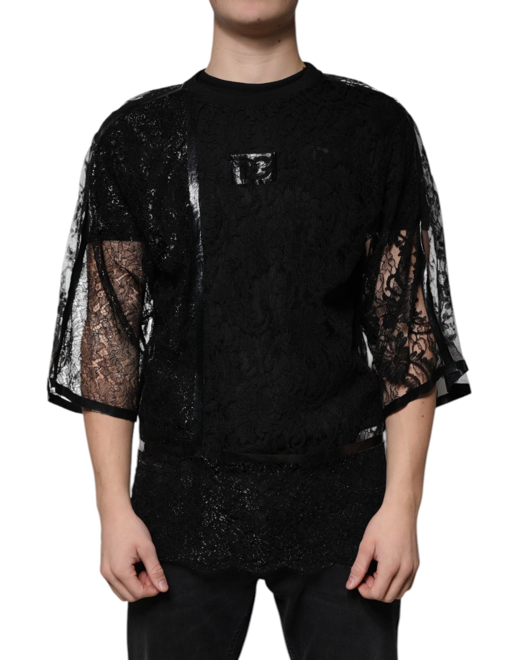 Dolce & Gabbana Black Nylon Floral Lace Crew Neck T-shirt | Regal Royce