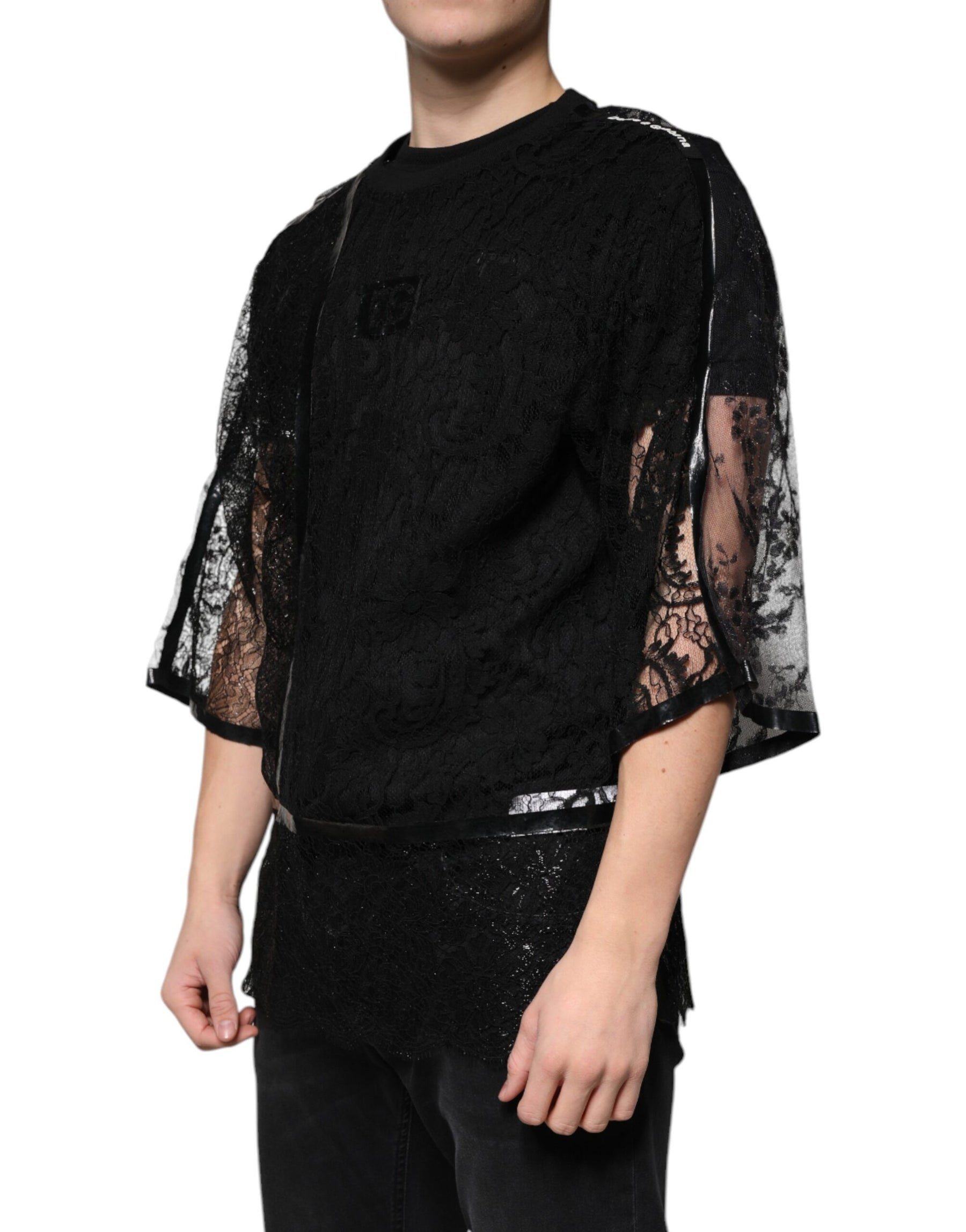 Dolce & Gabbana Black Nylon Floral Lace Crew Neck T-shirt | Regal Royce