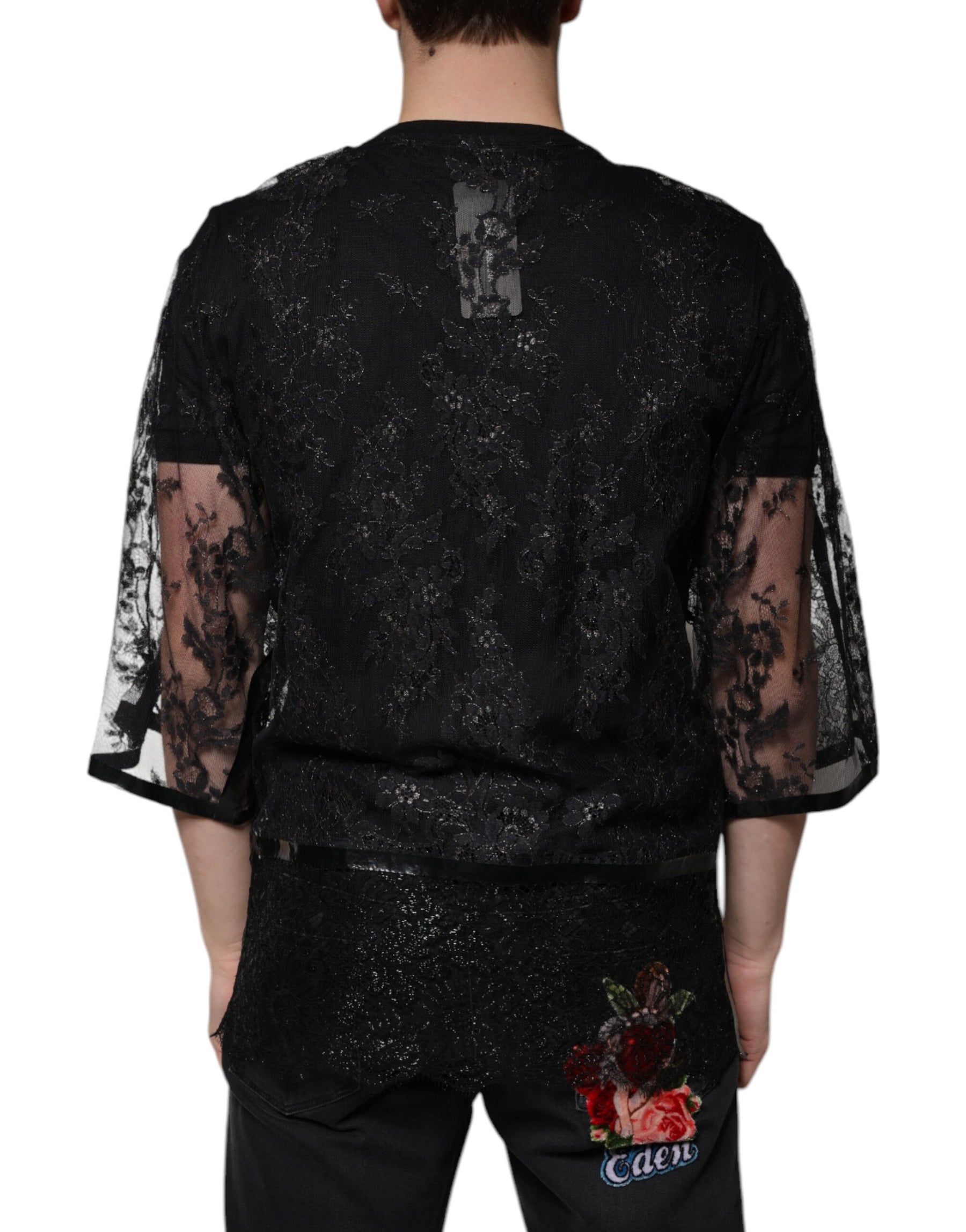 Dolce & Gabbana Black Nylon Floral Lace Crew Neck T-shirt | Regal Royce