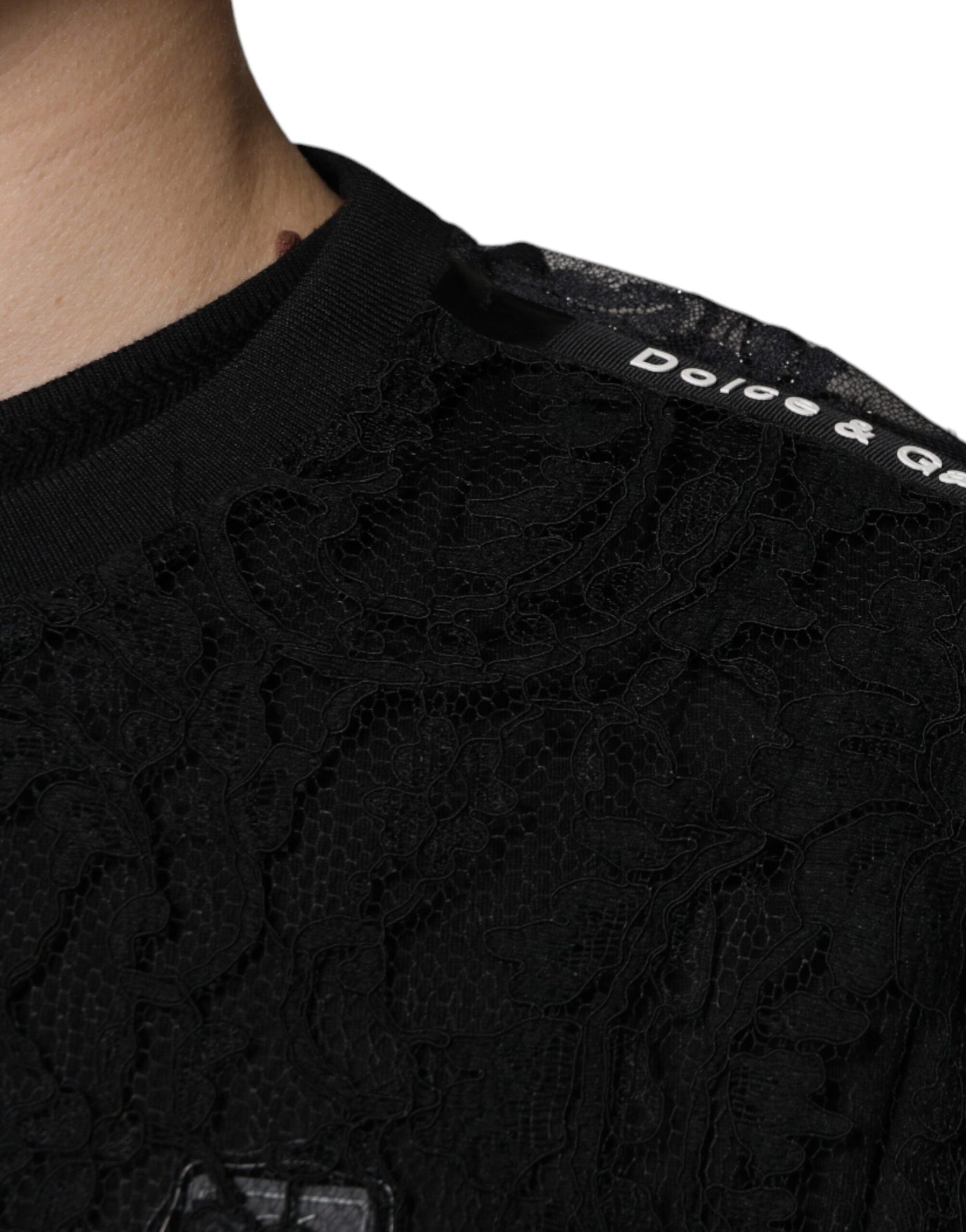 Dolce & Gabbana Black Nylon Floral Lace Crew Neck T-shirt | Regal Royce