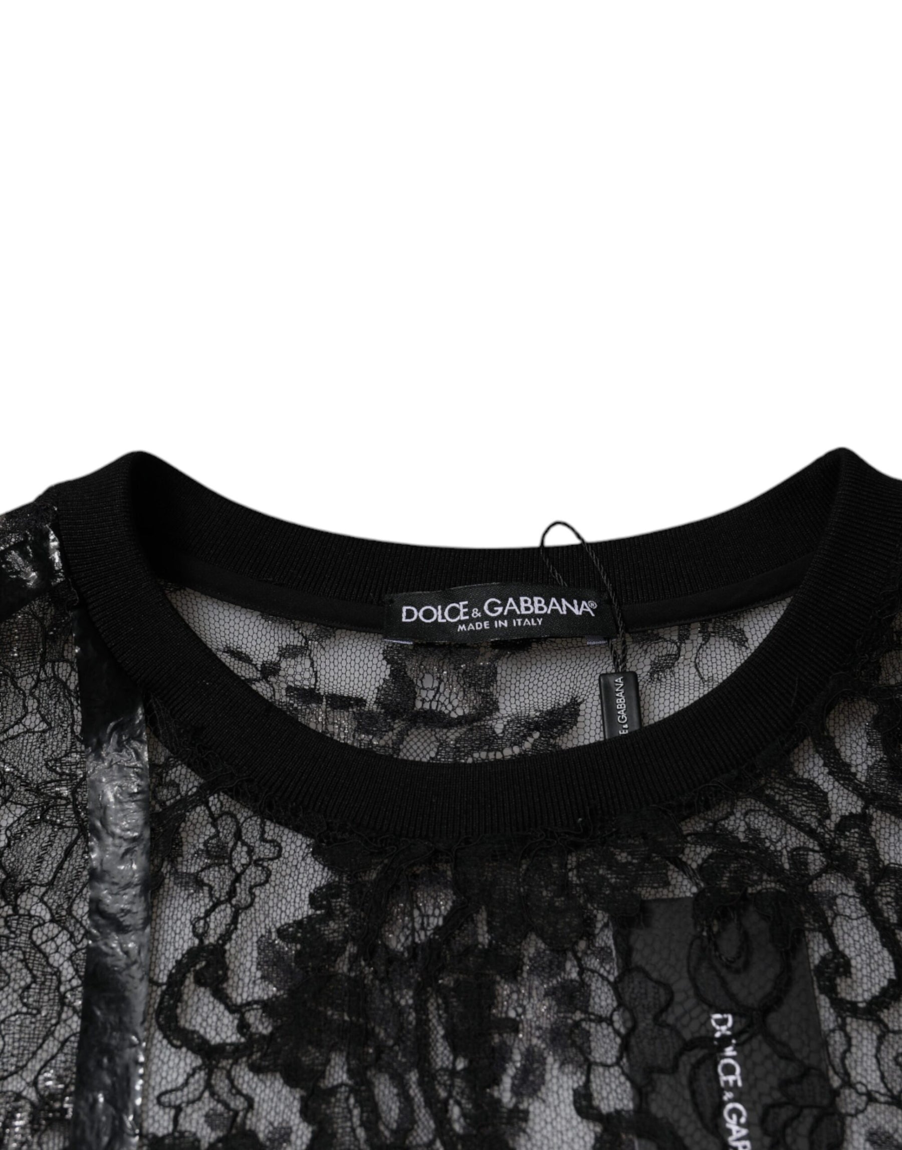 Dolce & Gabbana Black Nylon Floral Lace Crew Neck T-shirt | Regal Royce