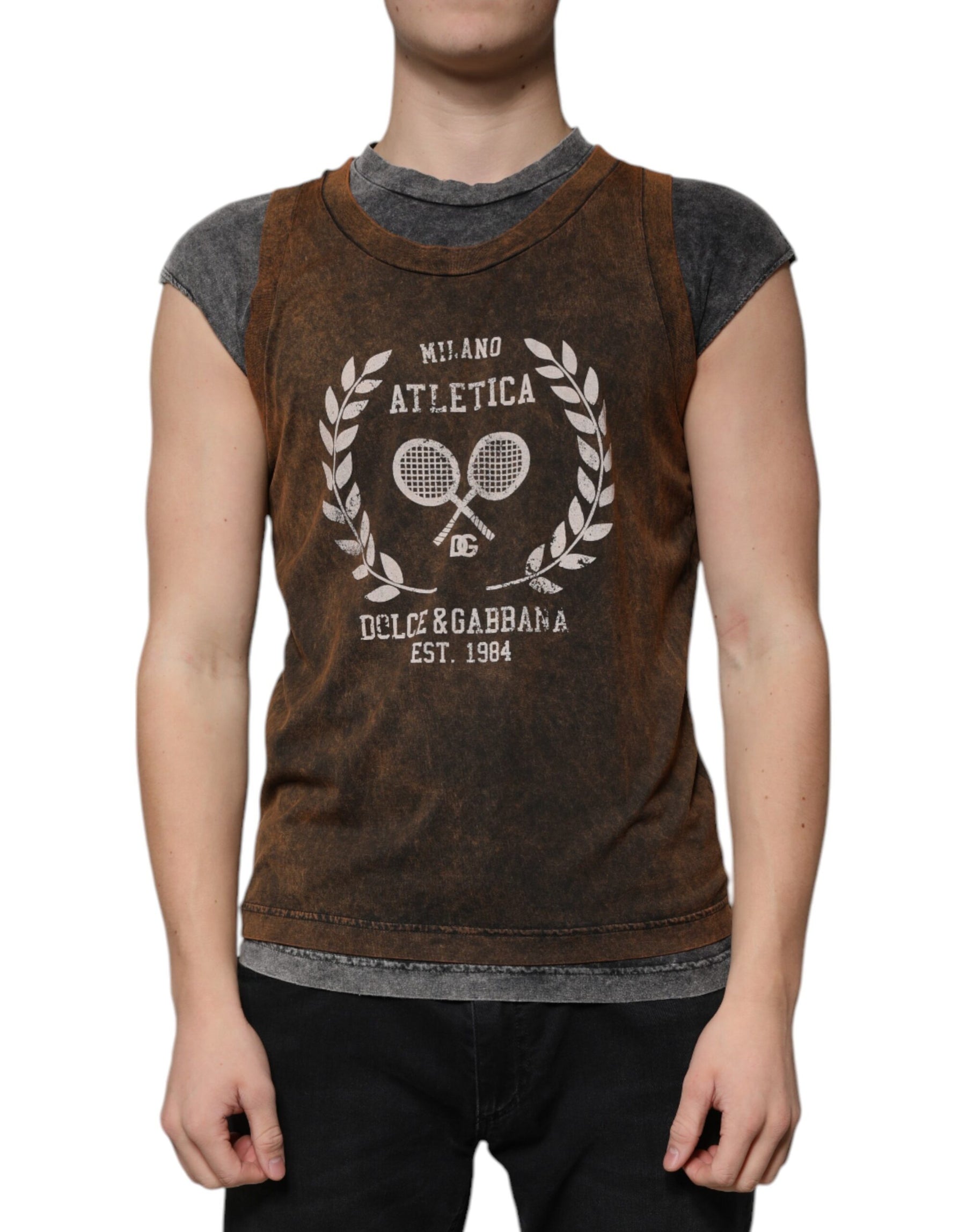 Dolce & Gabbana Brown Cotton Crew Neck Sleeveless T-shirt | Regal Royce