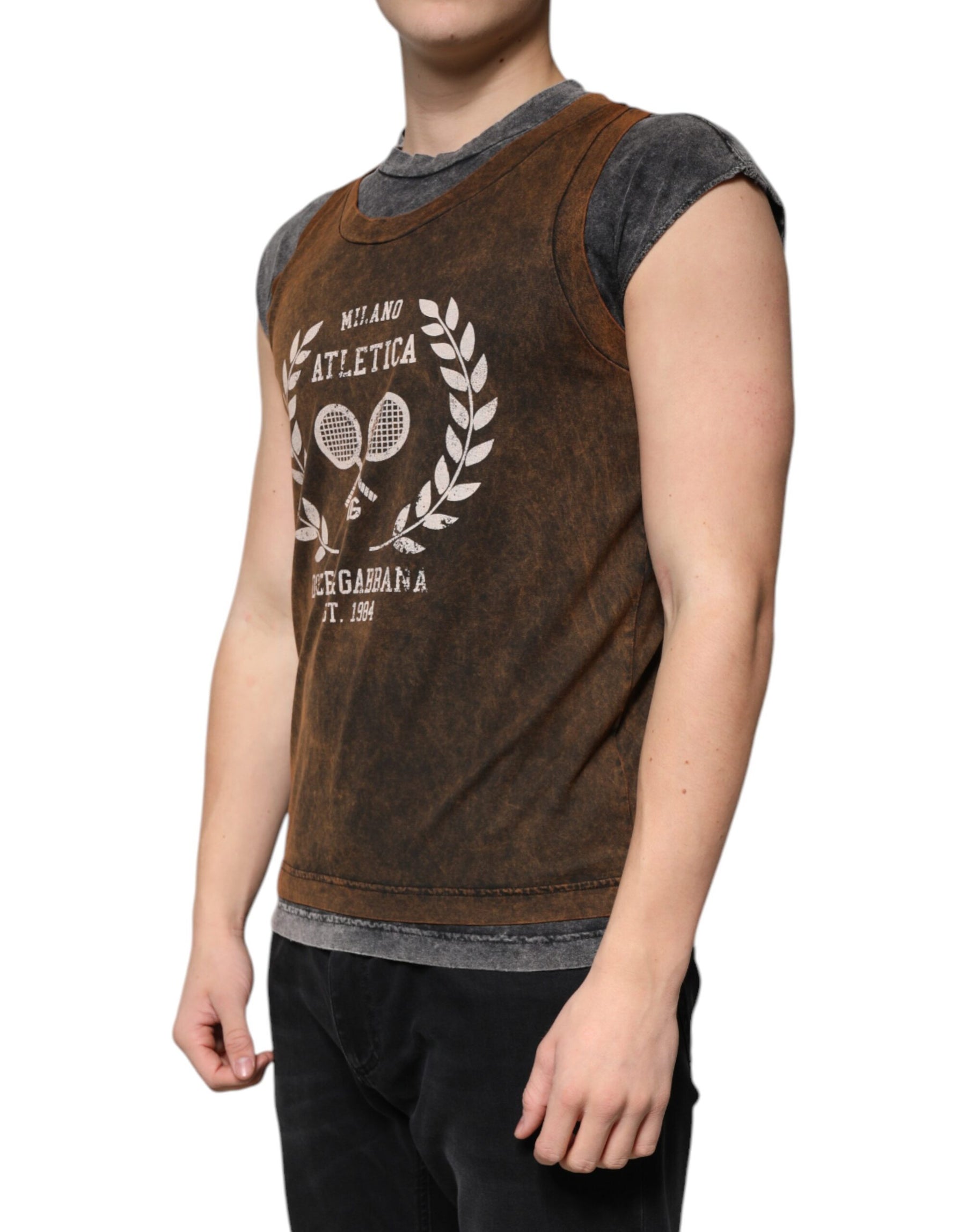 Dolce & Gabbana Brown Cotton Crew Neck Sleeveless T-shirt | Regal Royce