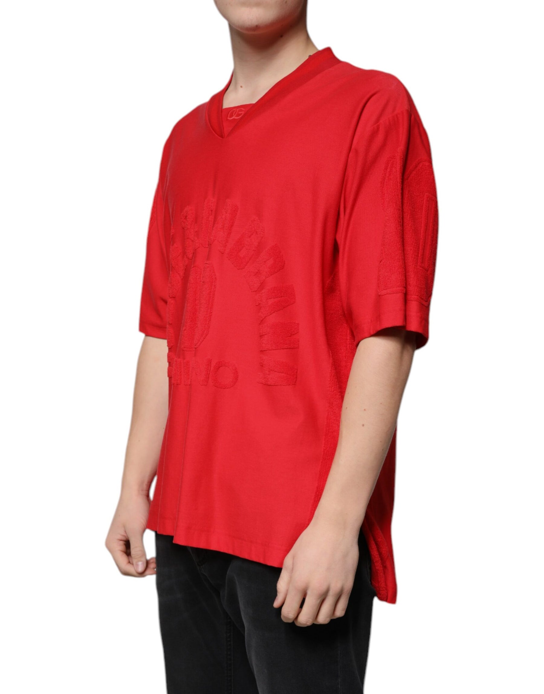 Dolce & Gabbana Red Cotton V-neck Short Sleeves T-shirt | Regal Royce