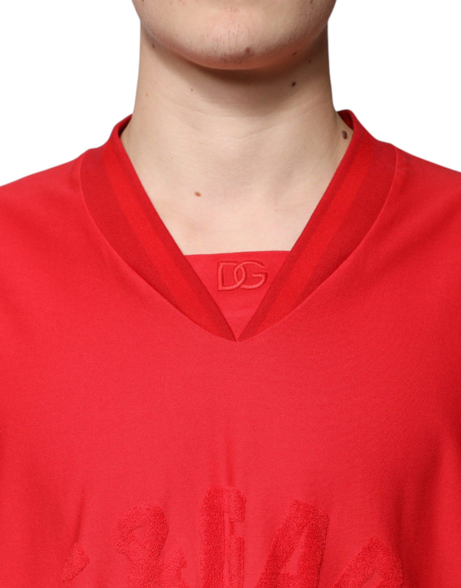Dolce & Gabbana Red Cotton V-neck Short Sleeves T-shirt | Regal Royce