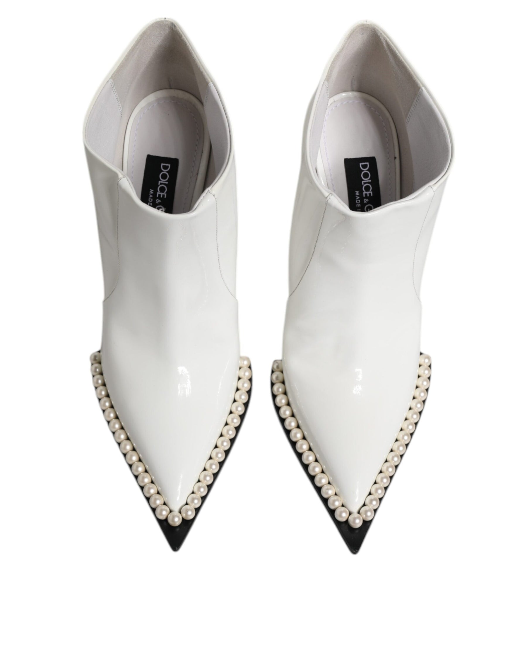 Dolce & Gabbana White Faux Pearl Leather Pointed Toe Ankle Boot Shoes | Regal Royce