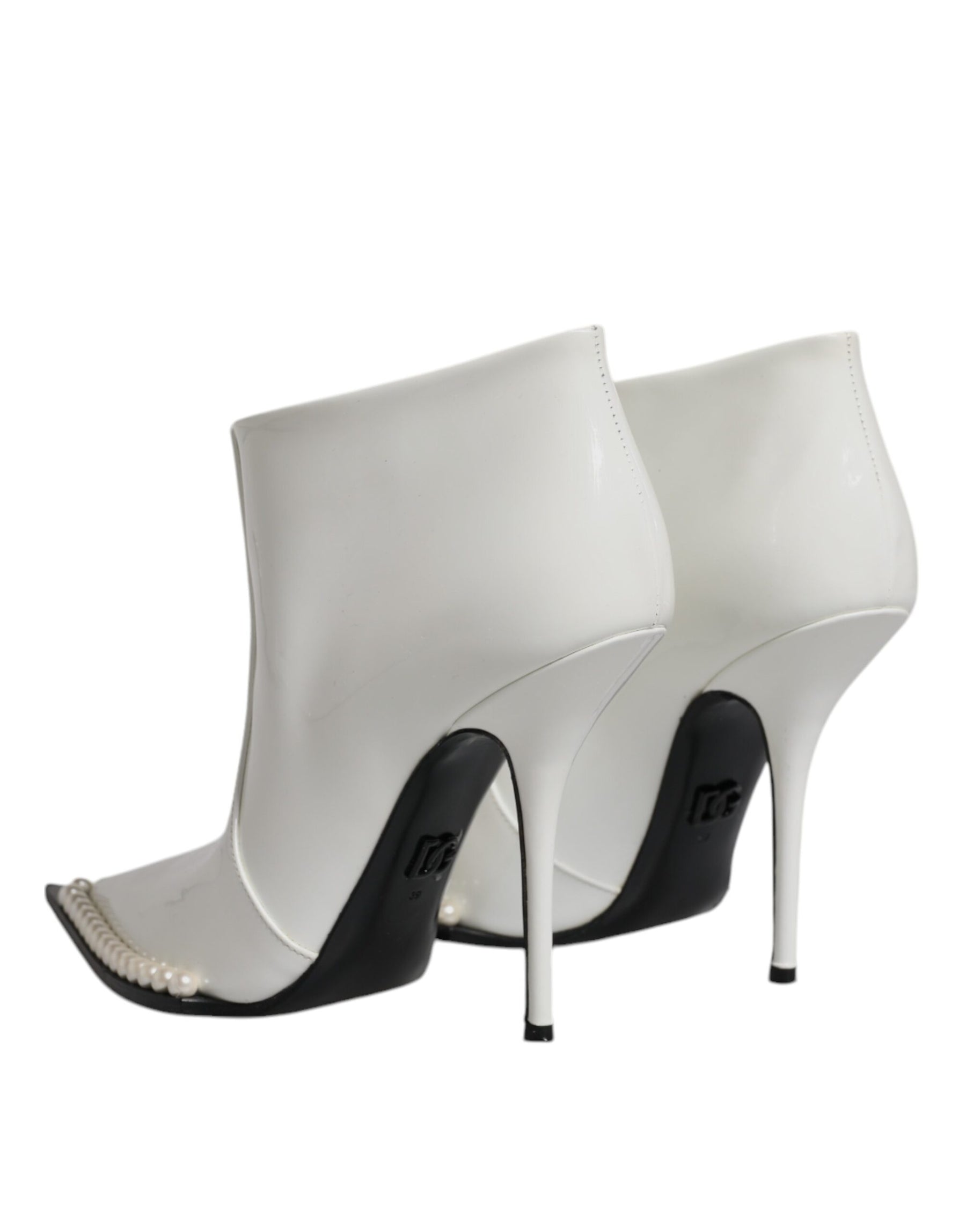Dolce & Gabbana White Faux Pearl Leather Pointed Toe Ankle Boot Shoes | Regal Royce