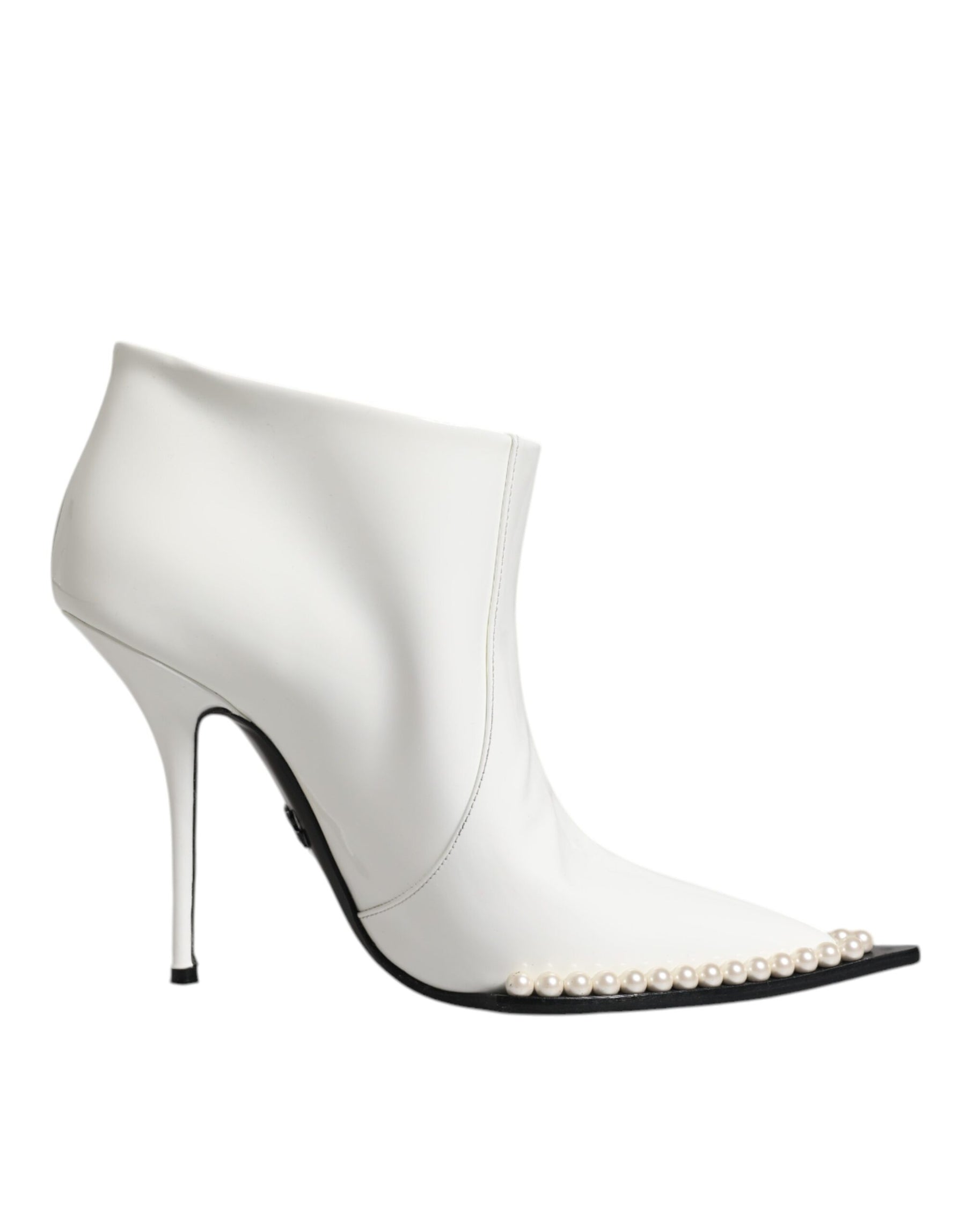 Dolce & Gabbana White Faux Pearl Leather Pointed Toe Ankle Boot Shoes | Regal Royce