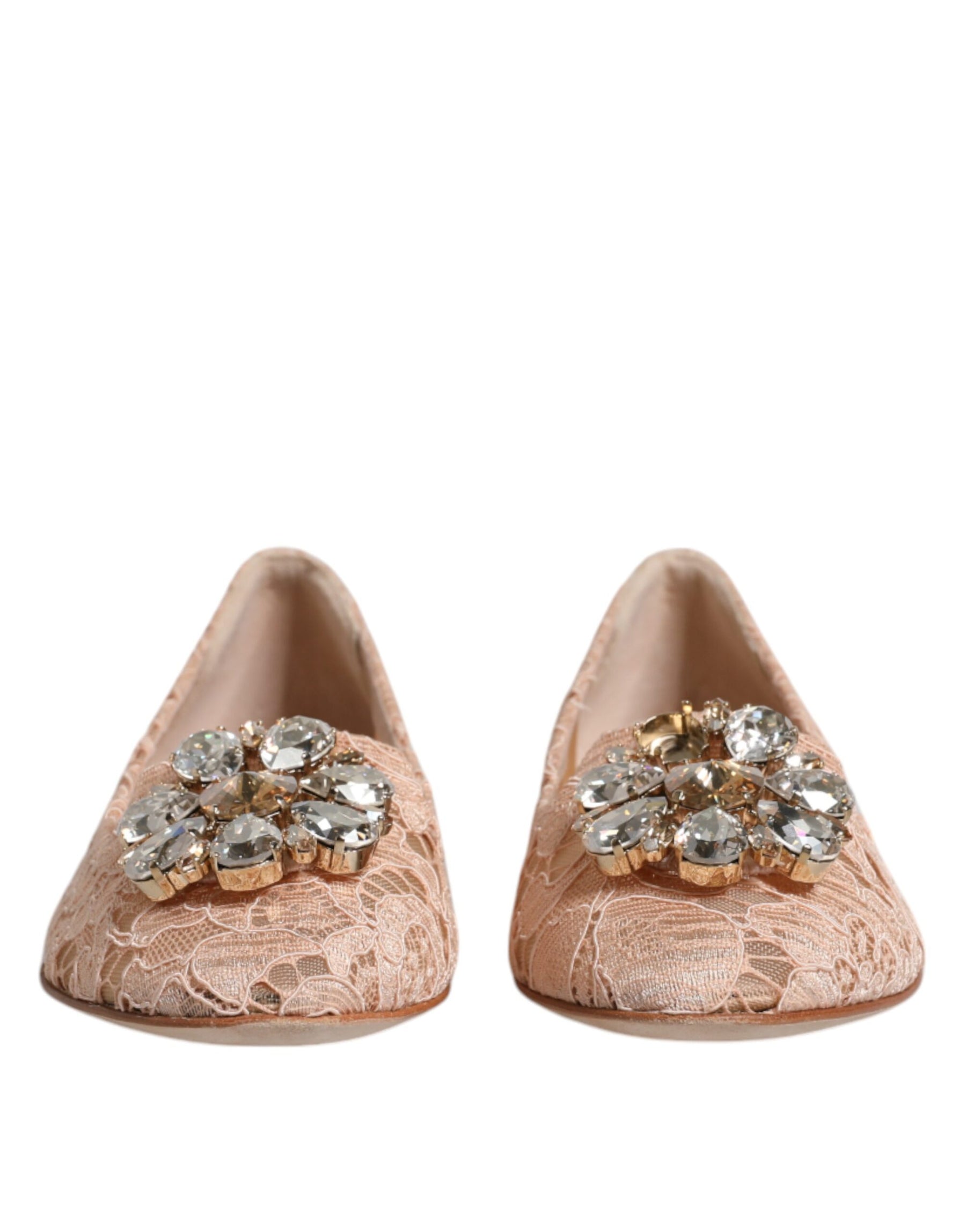 Dolce & Gabbana Beige Lace Crystal Ballet Flats Loafers Shoes | Regal Royce