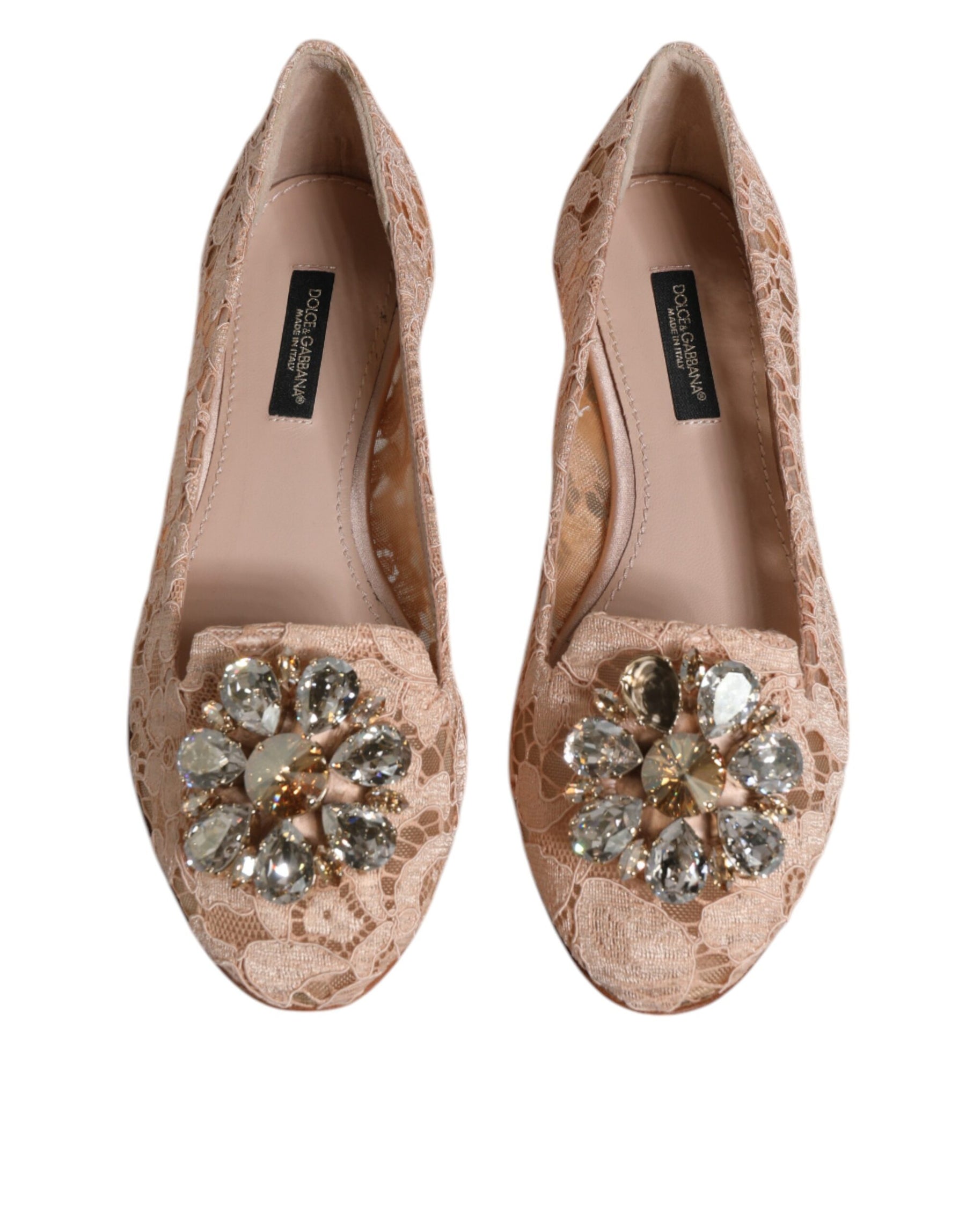 Dolce & Gabbana Beige Lace Crystal Ballet Flats Loafers Shoes | Regal Royce
