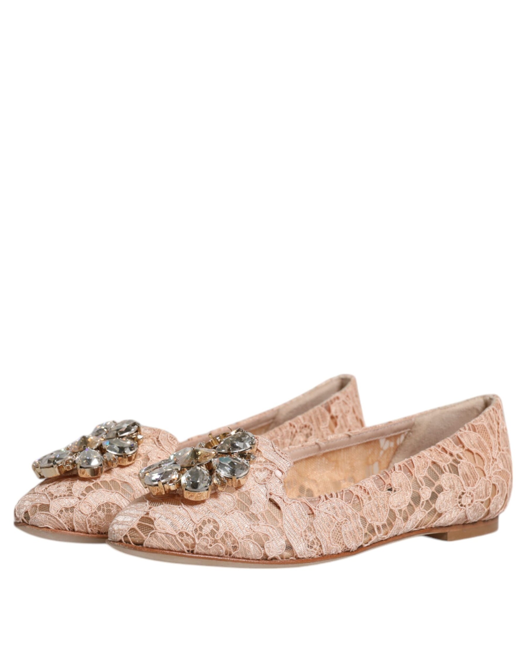 Dolce & Gabbana Beige Lace Crystal Ballet Flats Loafers Shoes | Regal Royce