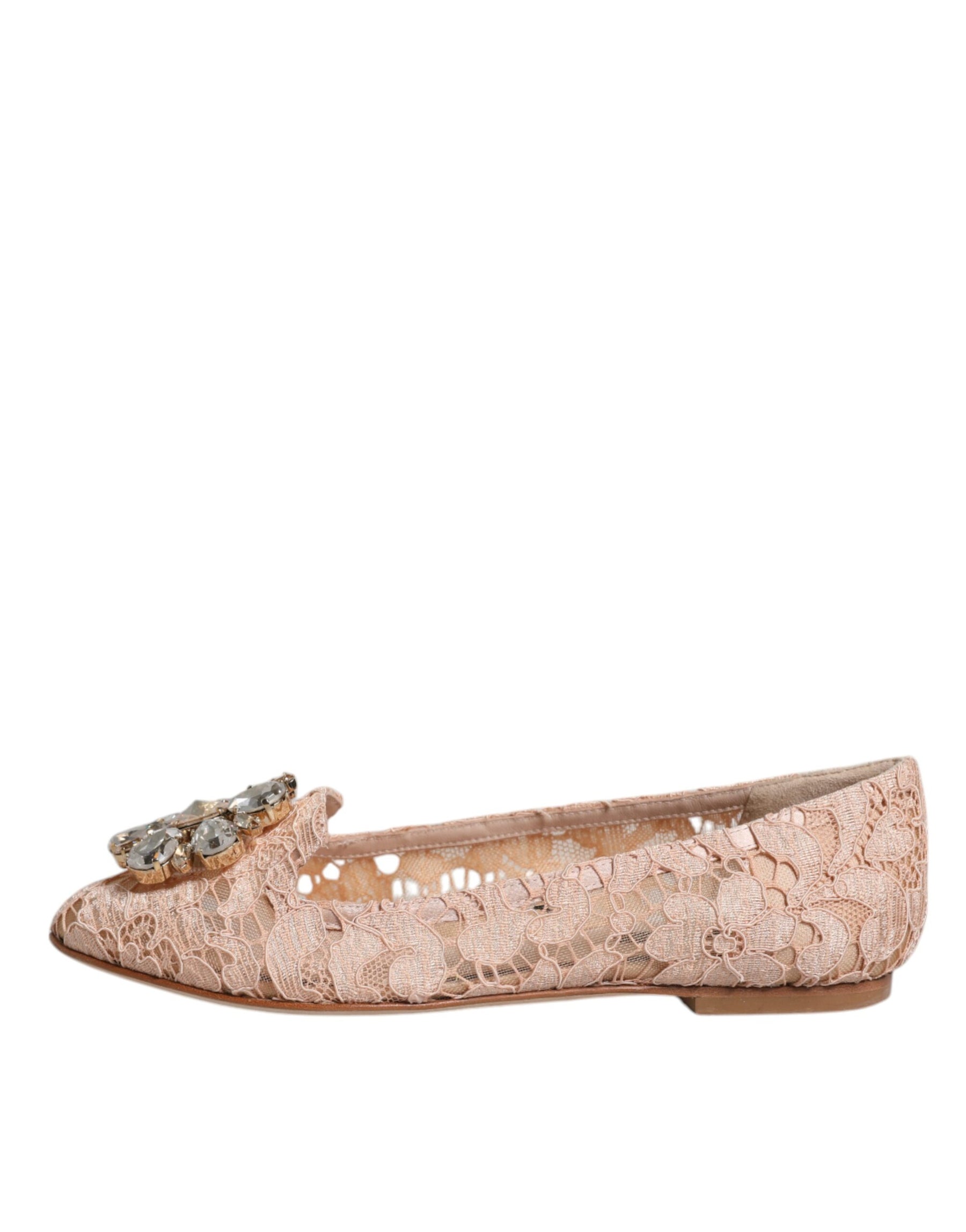 Dolce & Gabbana Beige Lace Crystal Ballet Flats Loafers Shoes | Regal Royce