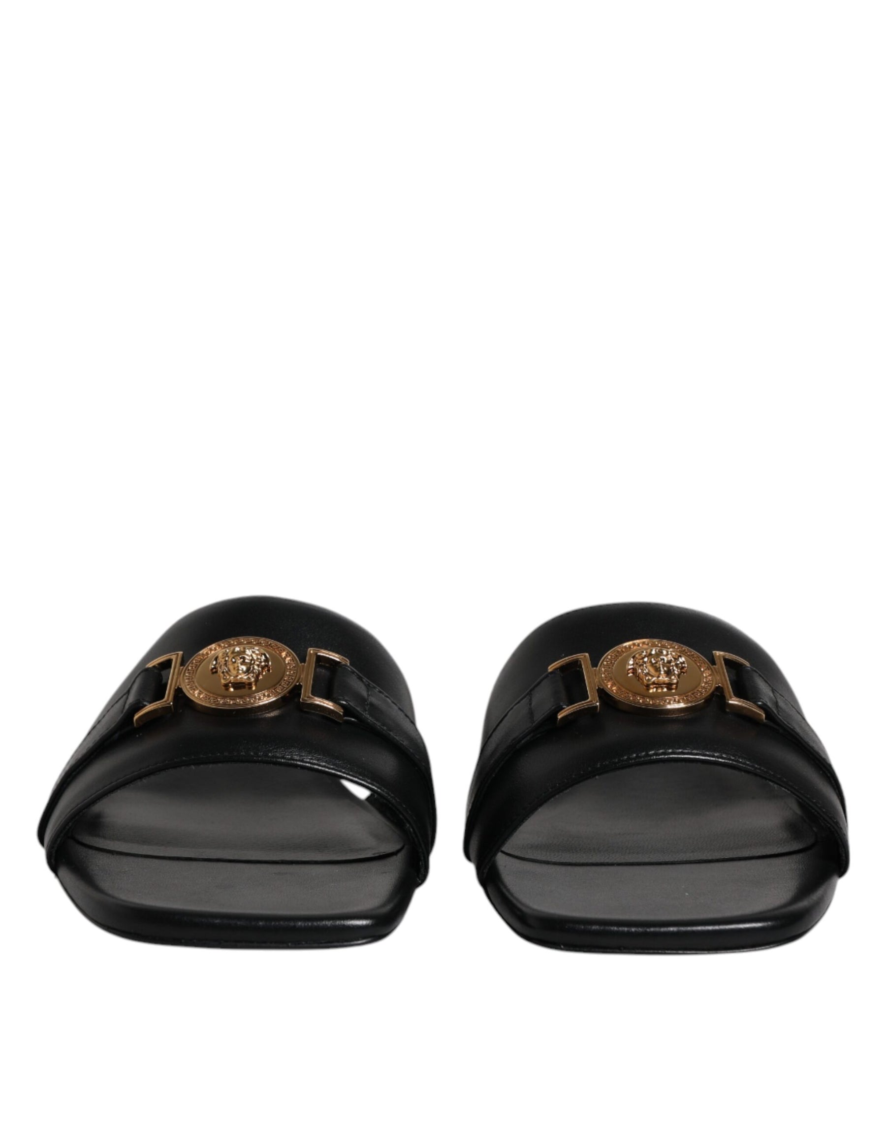 Versace Black Leather Logo Plaque Slip On Slides Flats Shoes | Regal Royce