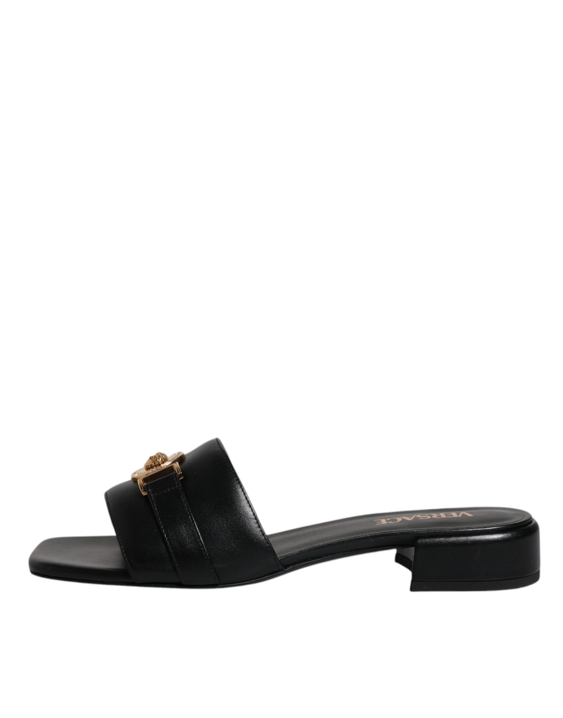Versace Black Leather Logo Plaque Slip On Slides Flats Shoes | Regal Royce